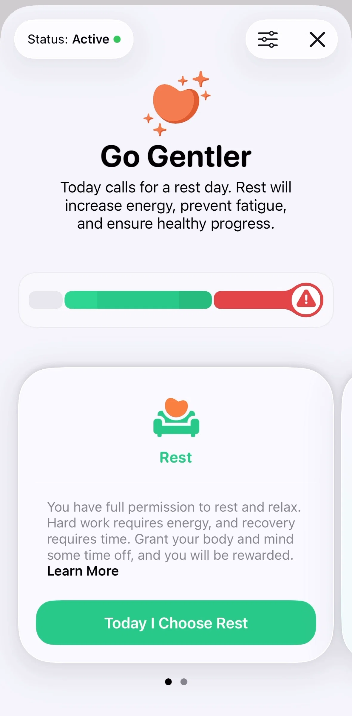 Gentler Streak Screen screen in the Changing a status flow