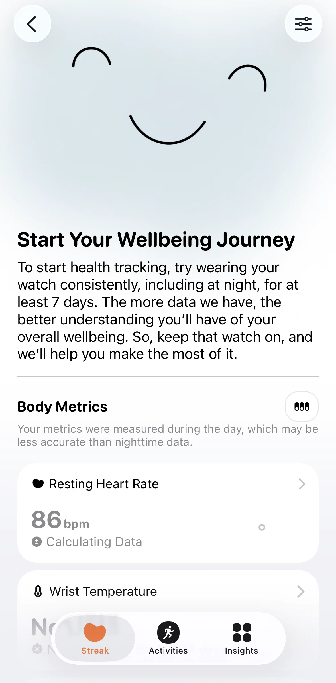Gentler Streak Screen screen in the Changing body metrics layout flow