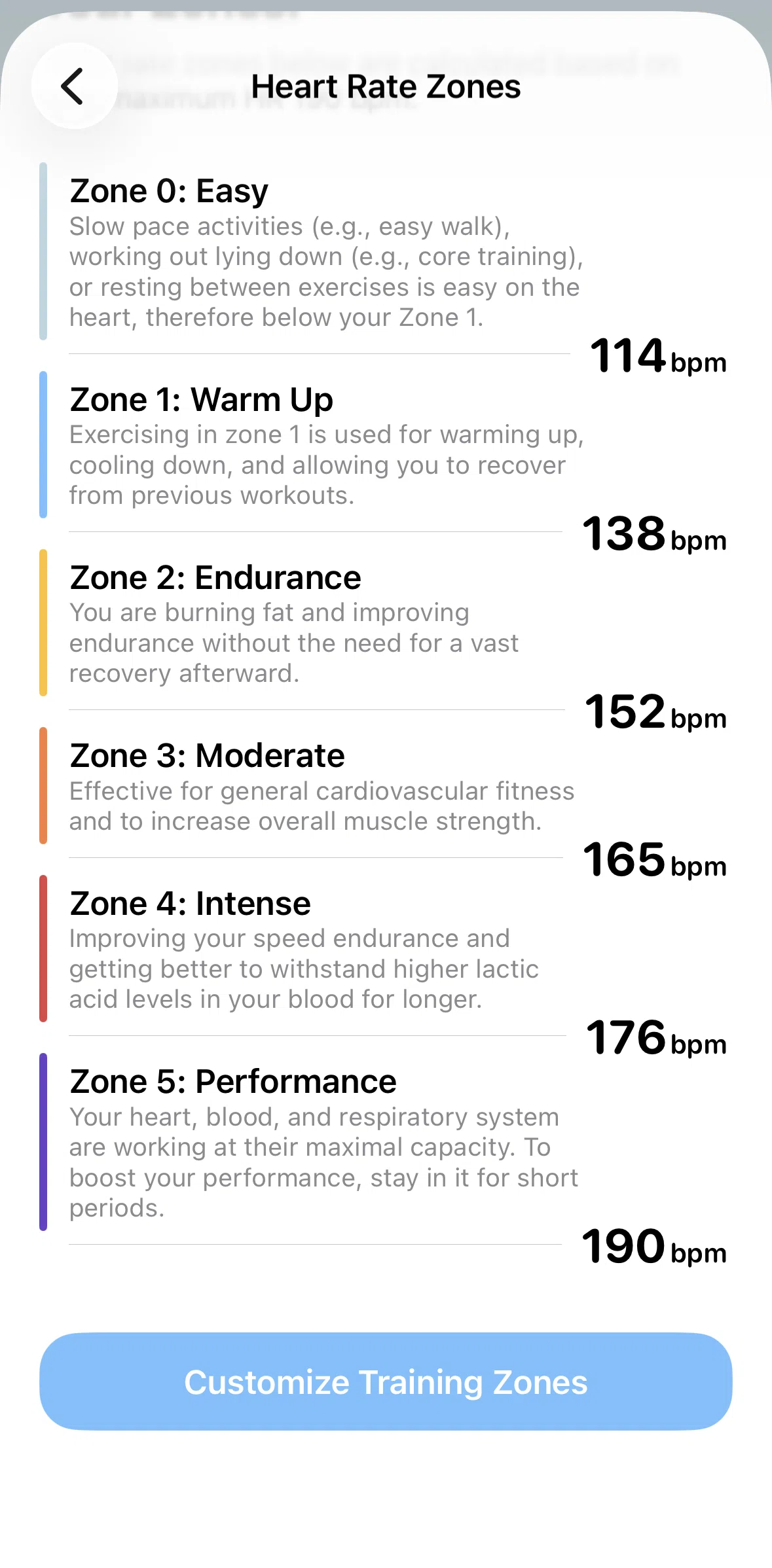 Gentler Streak Screen screen in the Customizing training zones flow