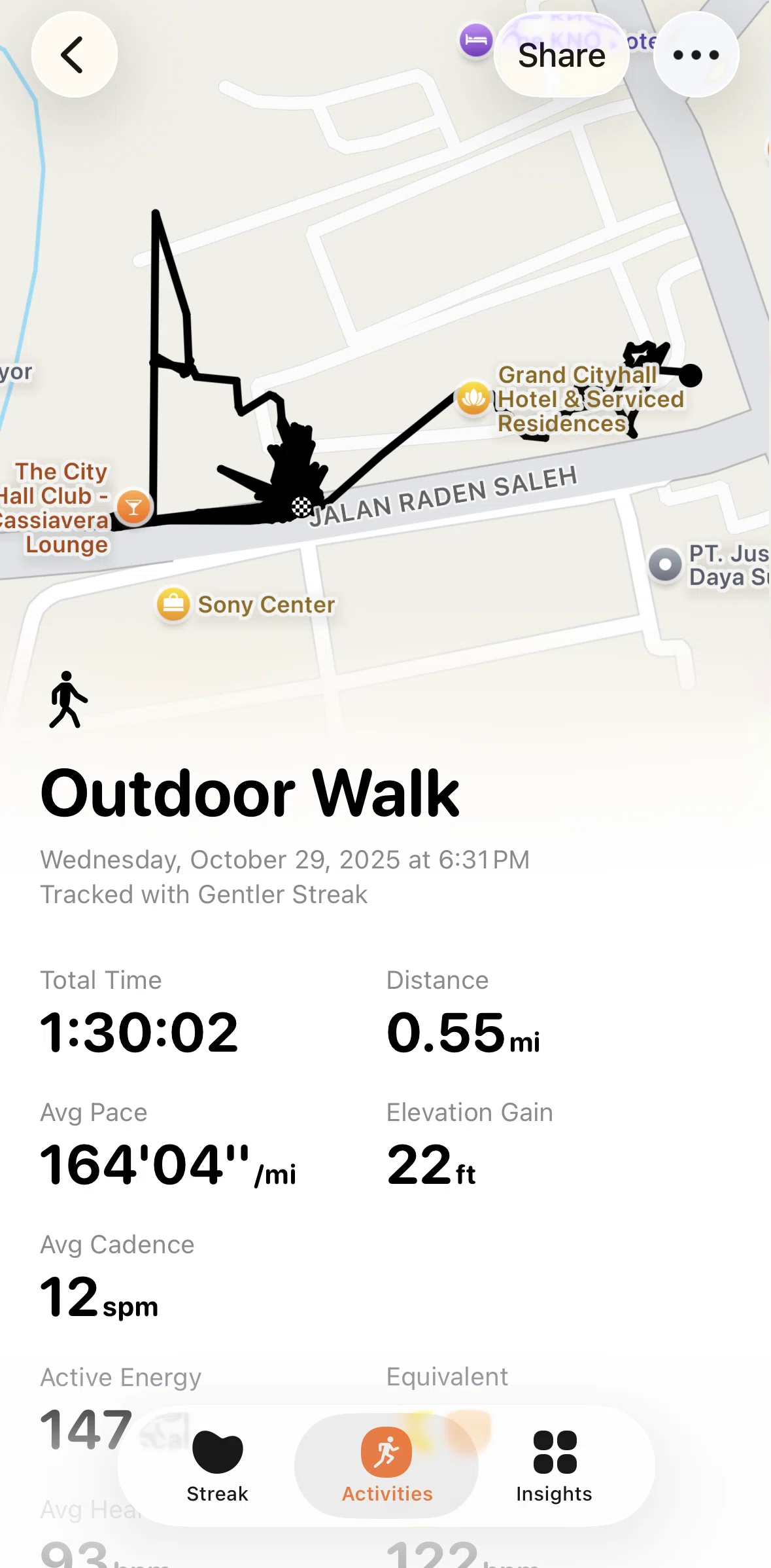 Gentler Streak Screen screen in the Share activity detail flow