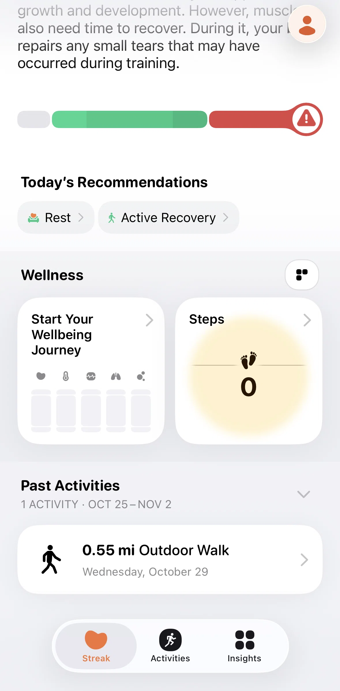 Gentler Streak Screen screen in the Wellbeing journey flow