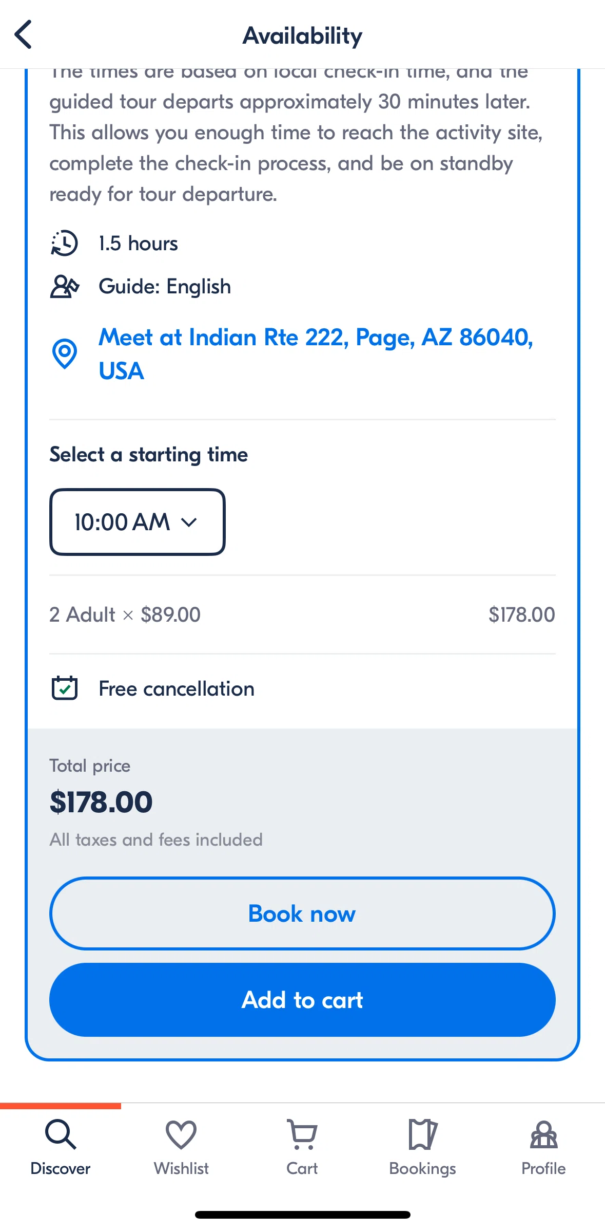 GetYourGuide Screen screen in the Adding to cart flow