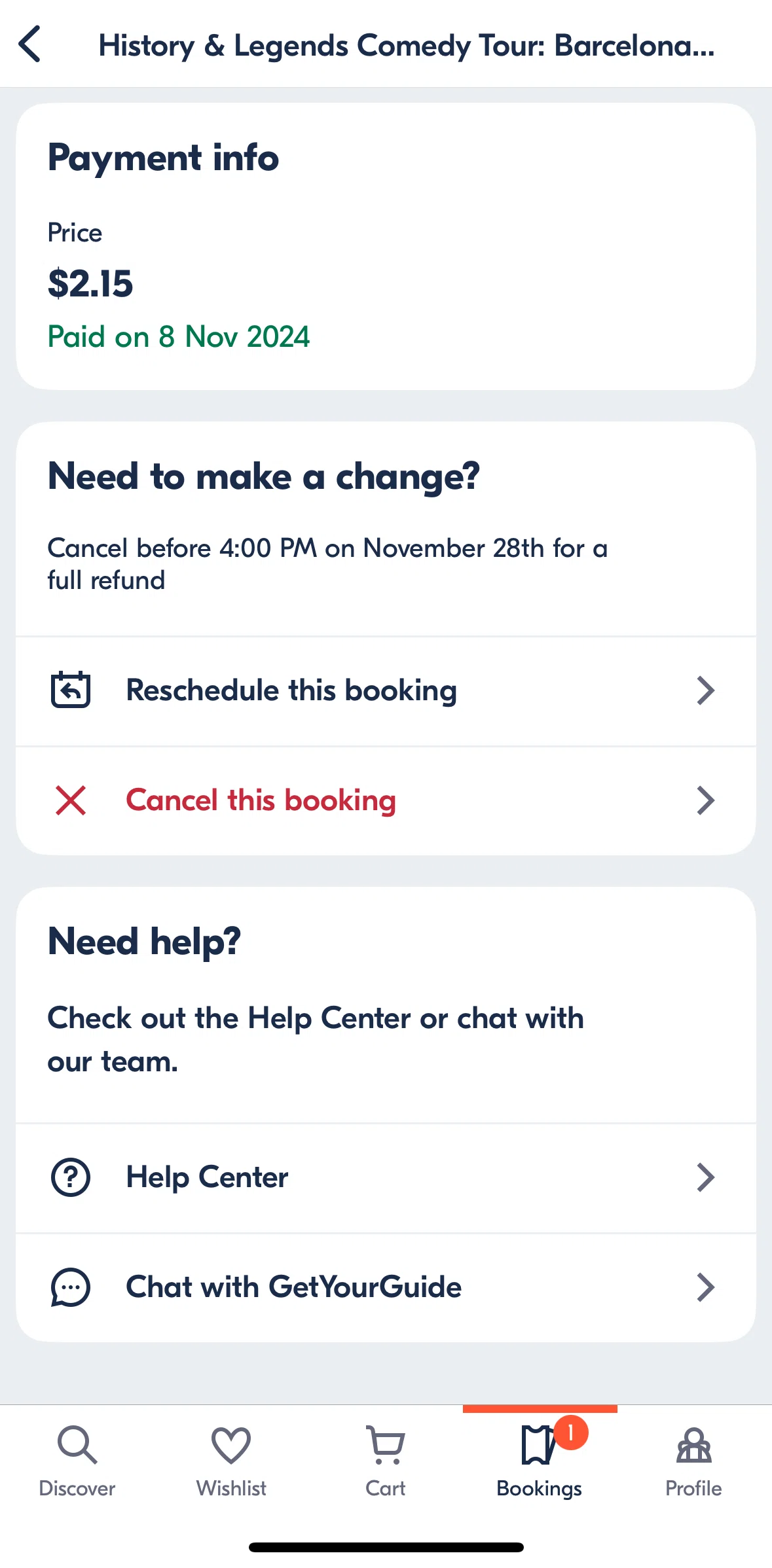 GetYourGuide Screen screen in the Canceling a booking flow