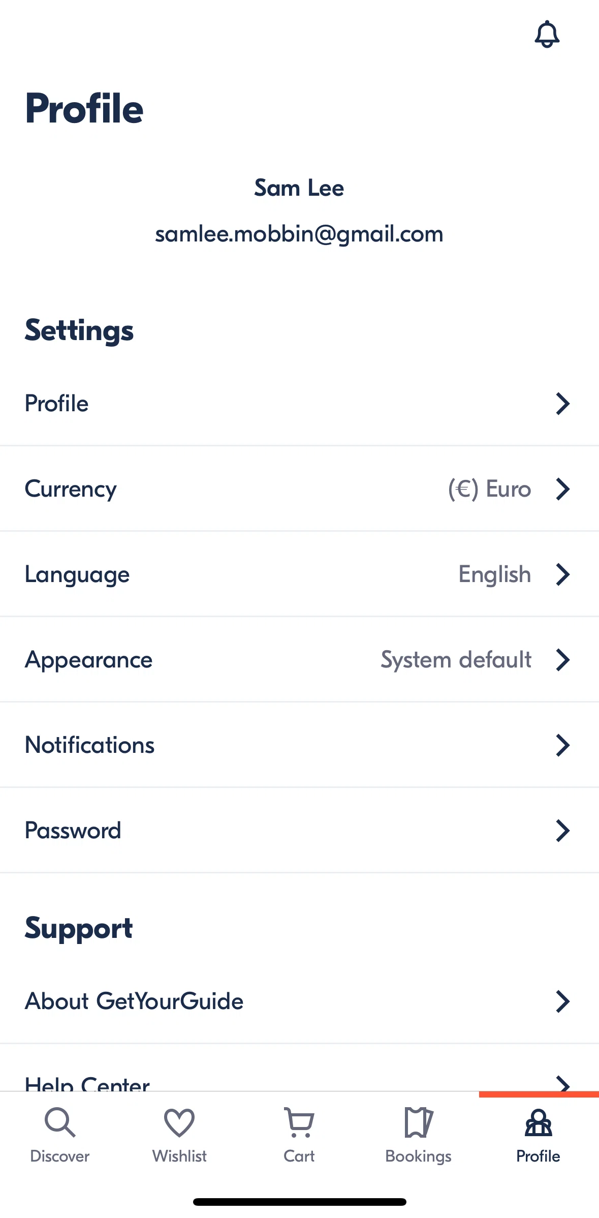 GetYourGuide Screen screen in the Changing password flow