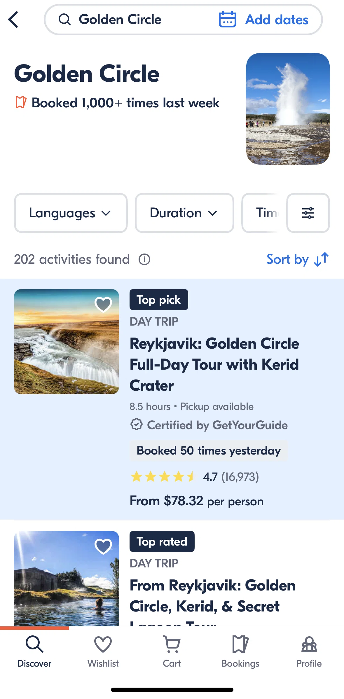 GetYourGuide Screen screen in the Filtering sights flow