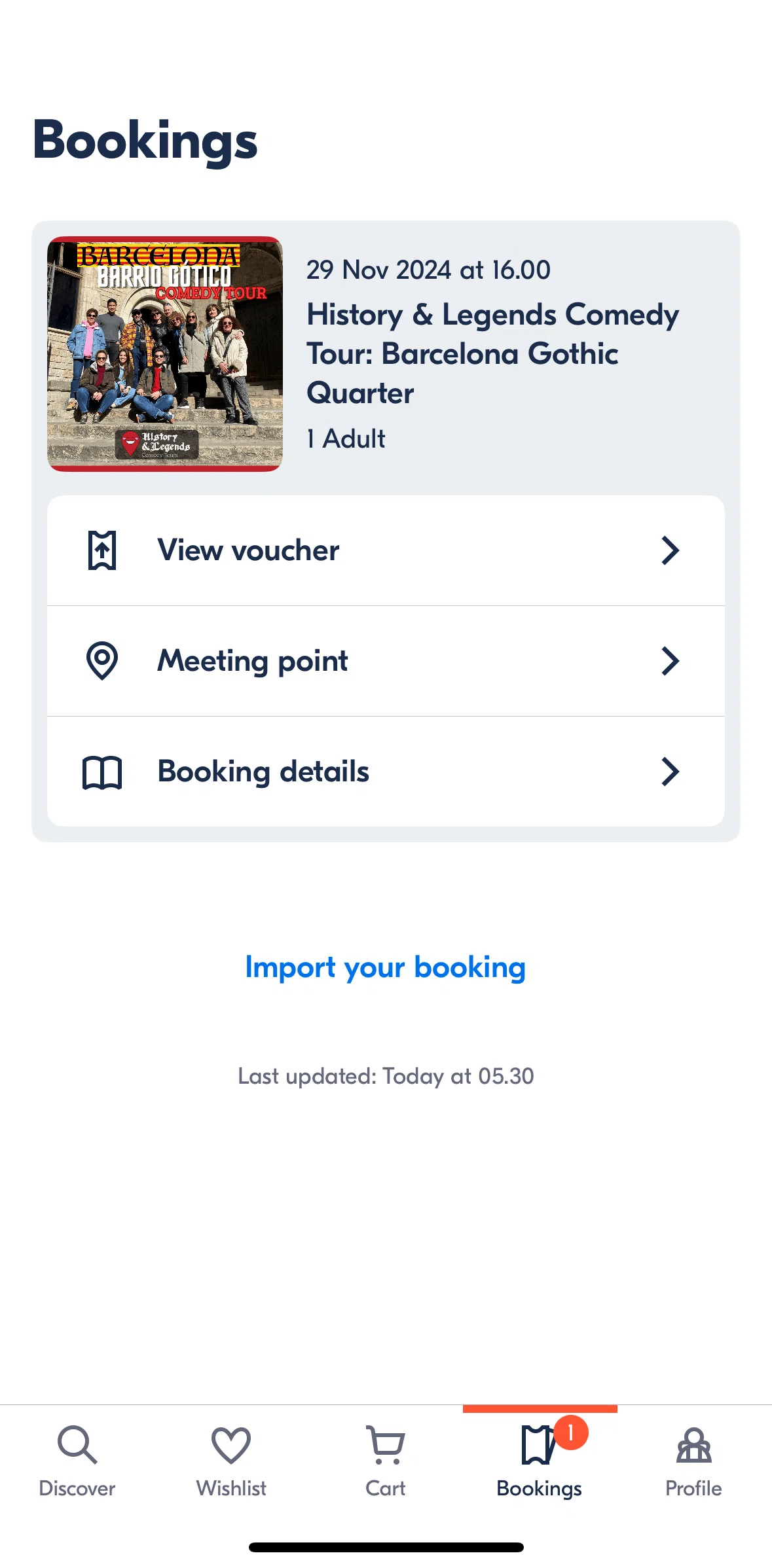 GetYourGuide Screen screen in the Import booking flow