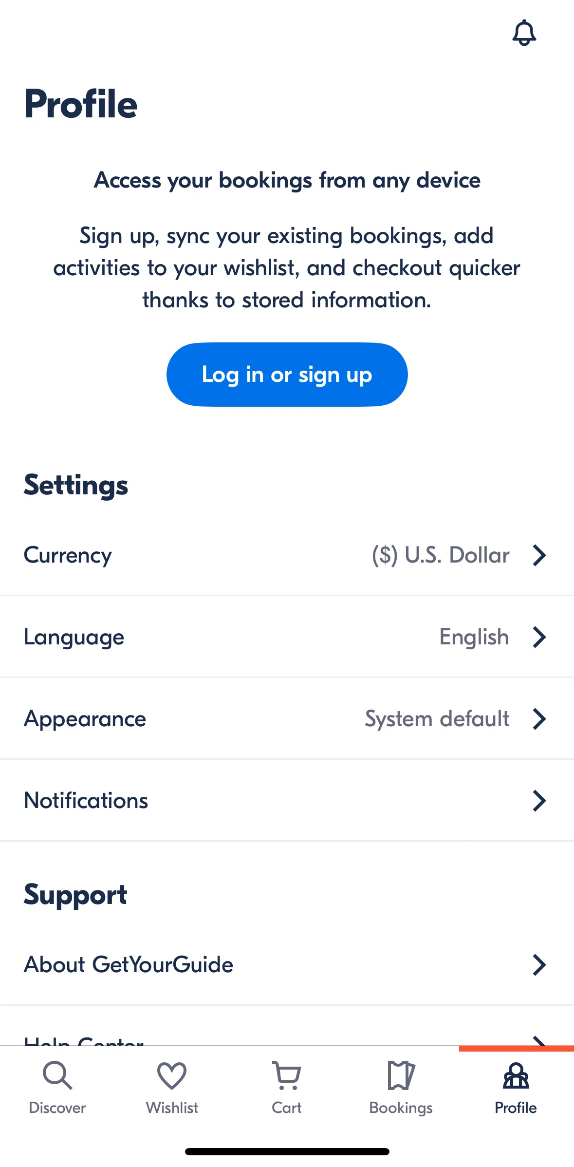 GetYourGuide Screen screen in the Logging in flow