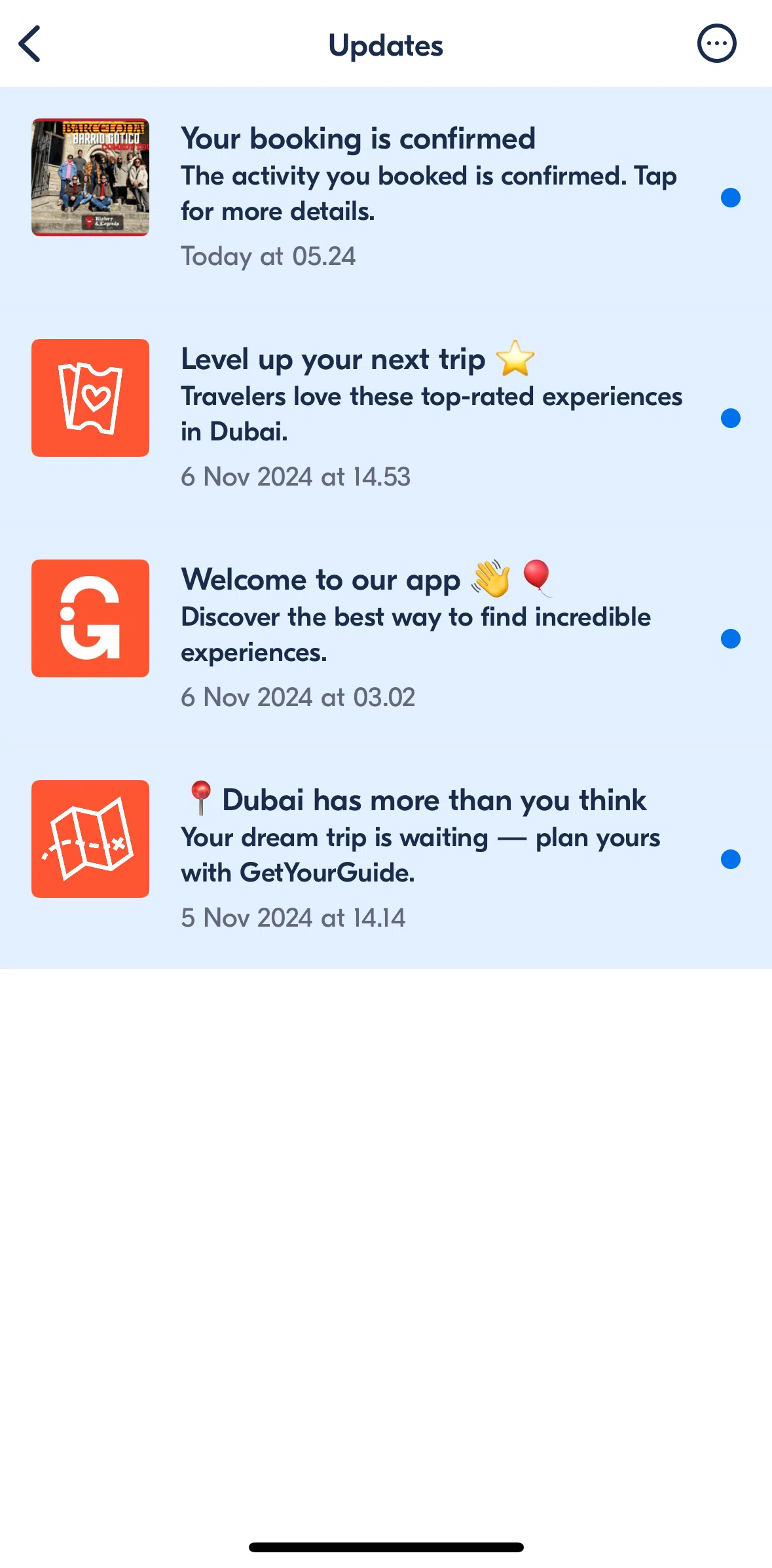 GetYourGuide Screen screen in the Marking all updates as read flow