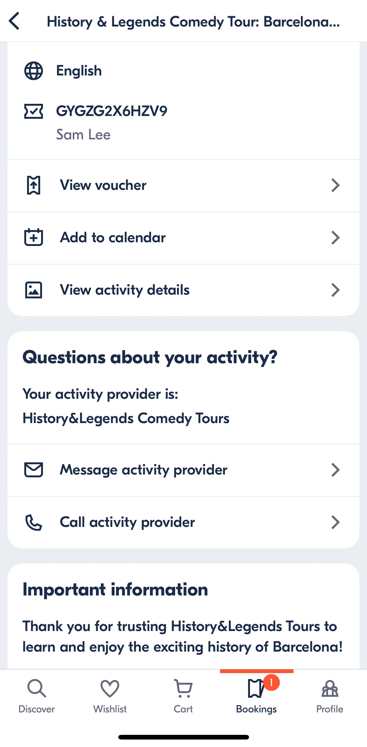 GetYourGuide Screen screen in the Messaging activity provider flow