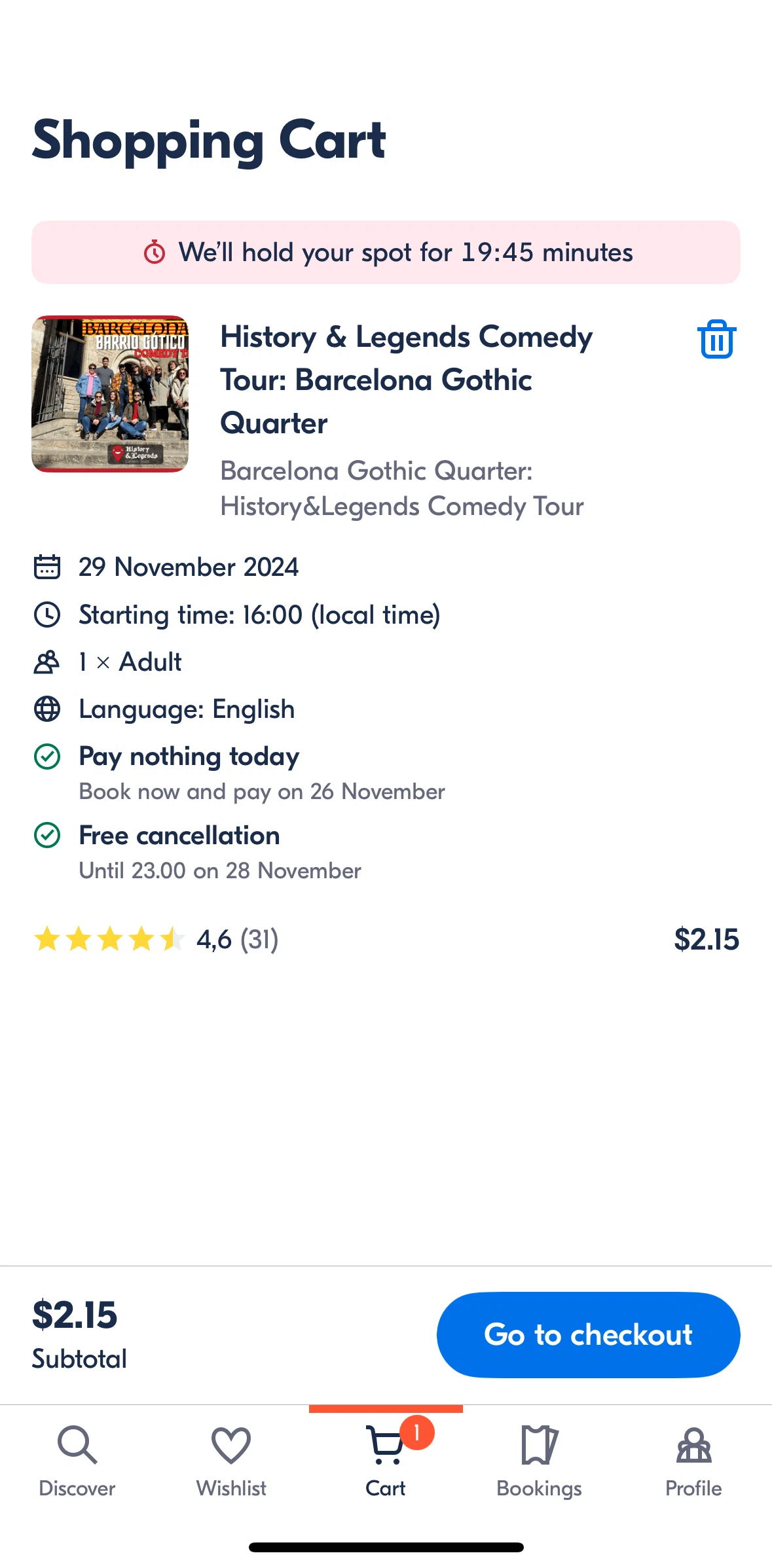 GetYourGuide Screen screen in the Placing an order flow