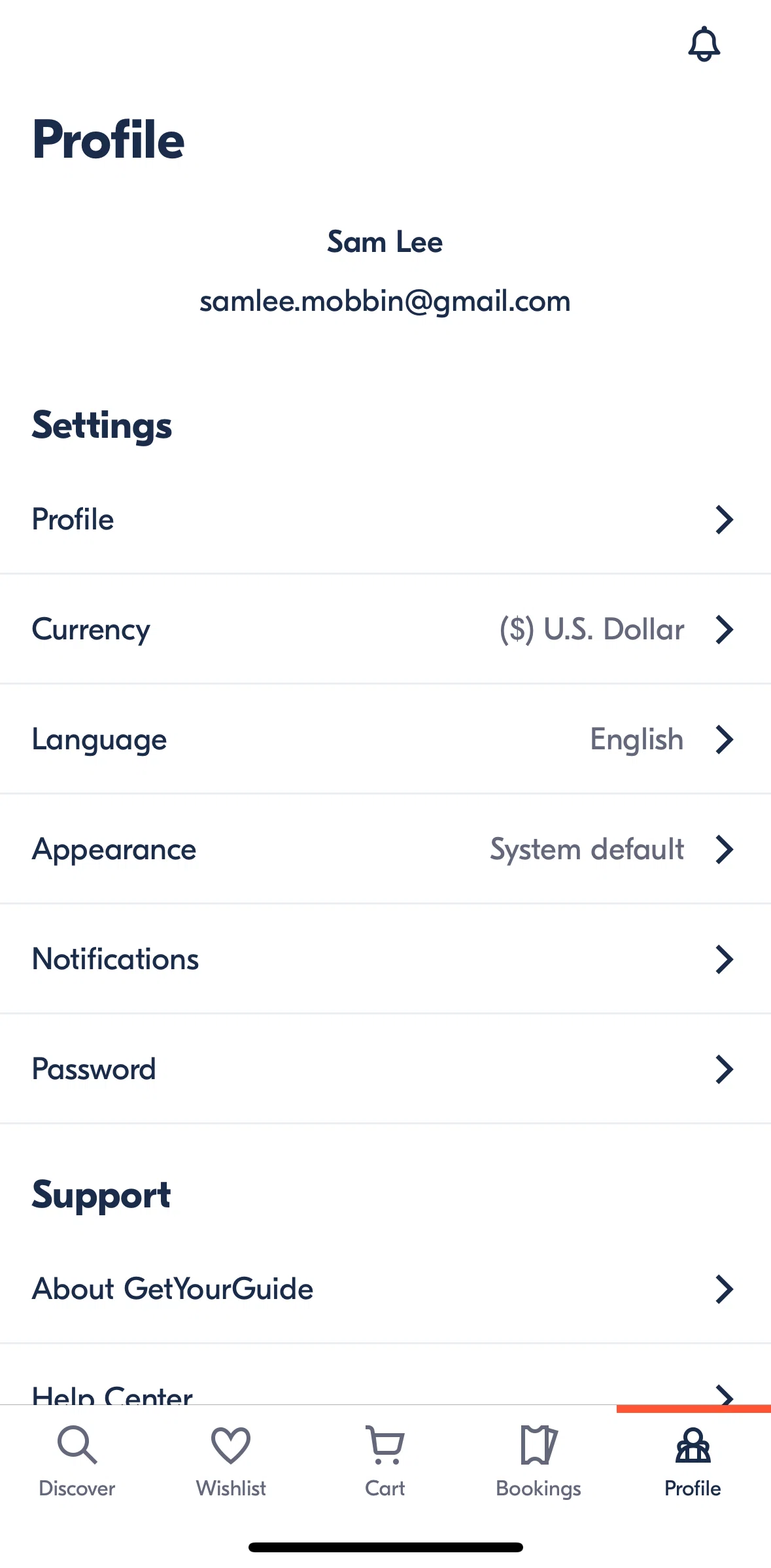 GetYourGuide Screen screen in the Switching to dark mode flow