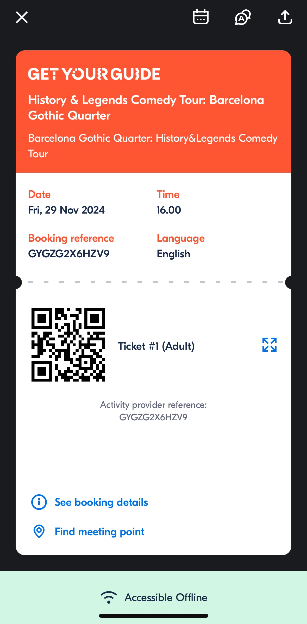 GetYourGuide Screen screen in the Translating a ticket flow