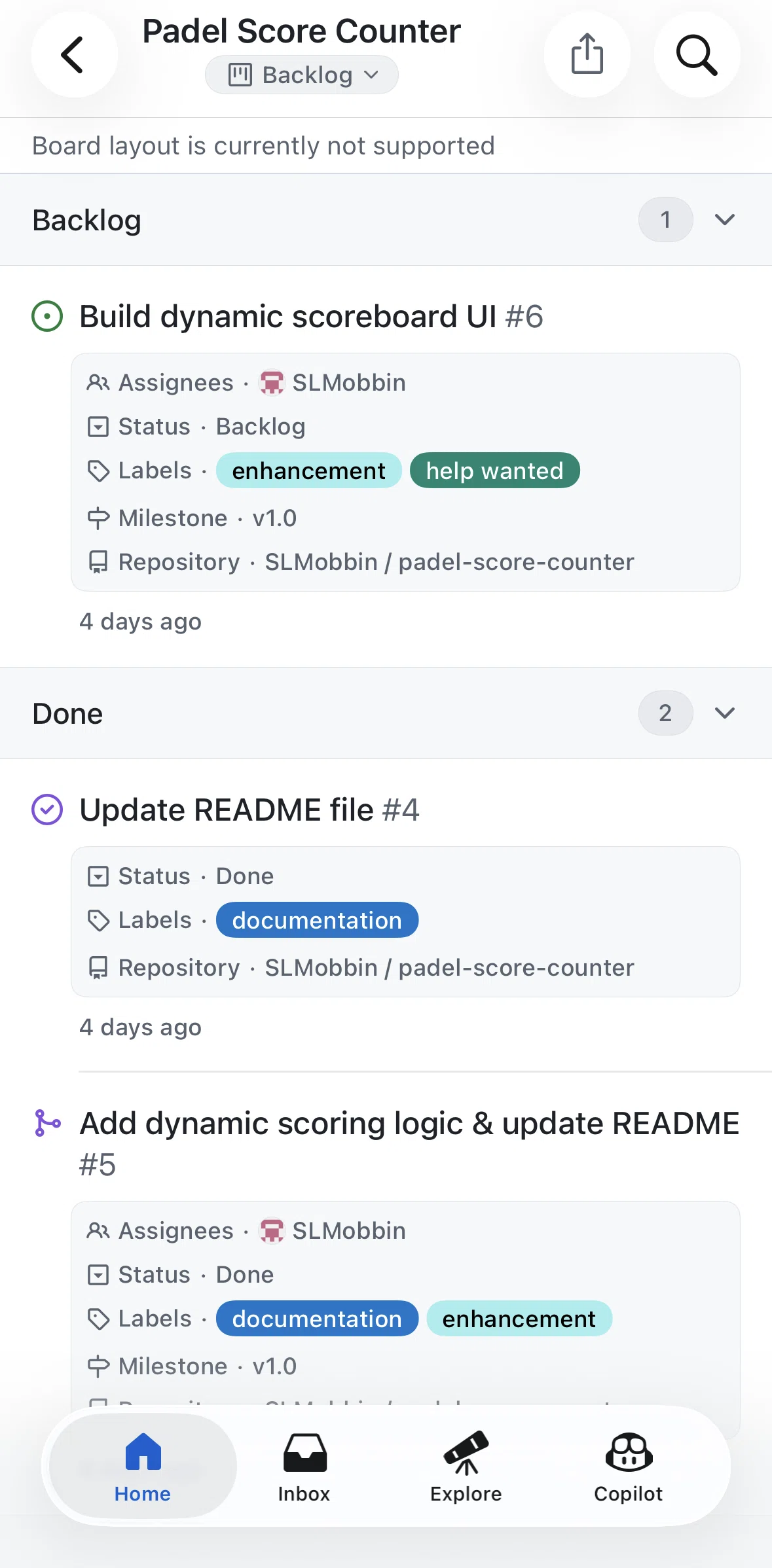 Github Screen screen in the Adding an assignee (project detail) flow