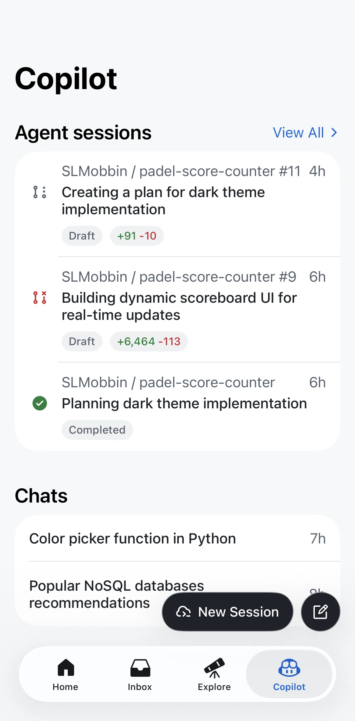 Github Screen screen in the Chatting with Copilot flow