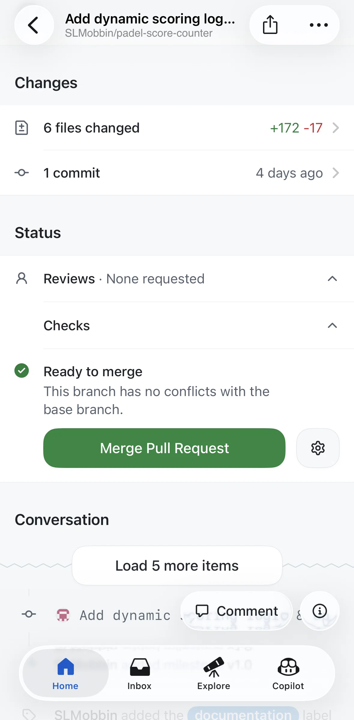 Github Screen screen in the Commits flow