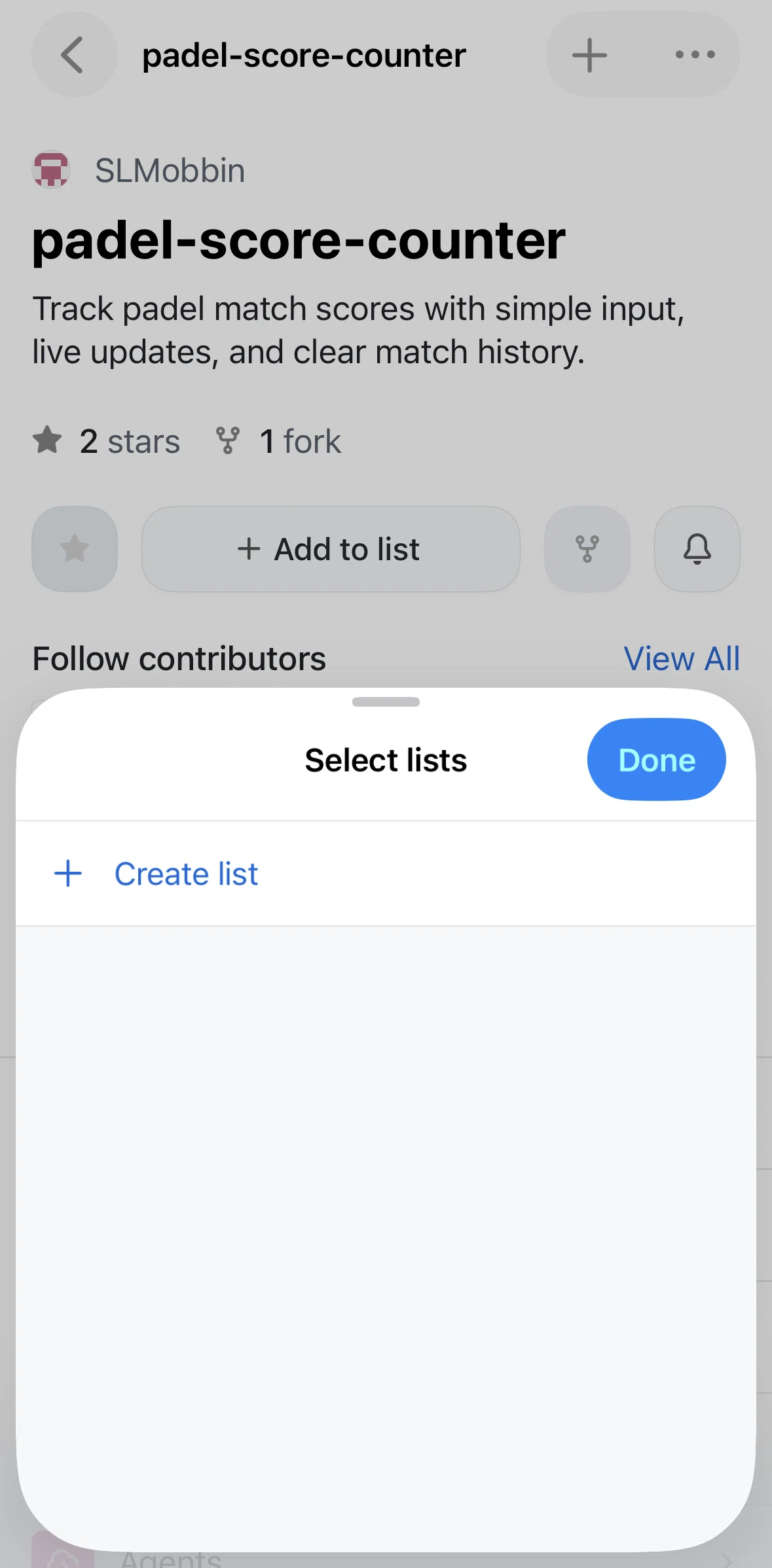 Github Screen screen in the Creating a list flow