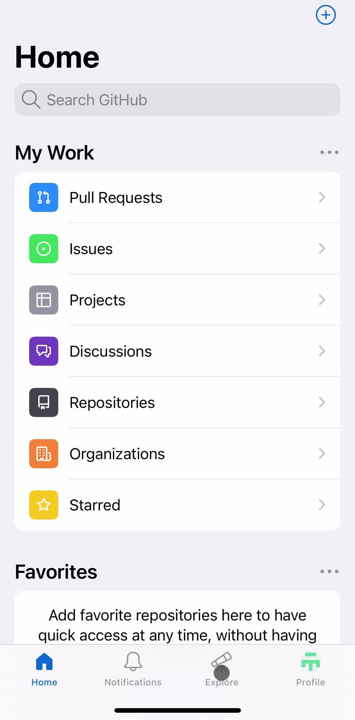 Github Home screen in the Discovering Content flow