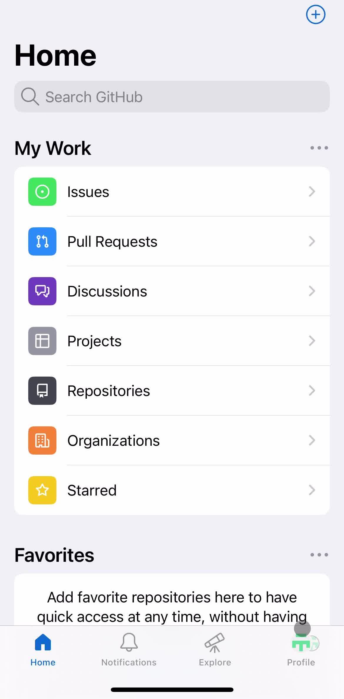Github Home screen in the Giving Feedback flow