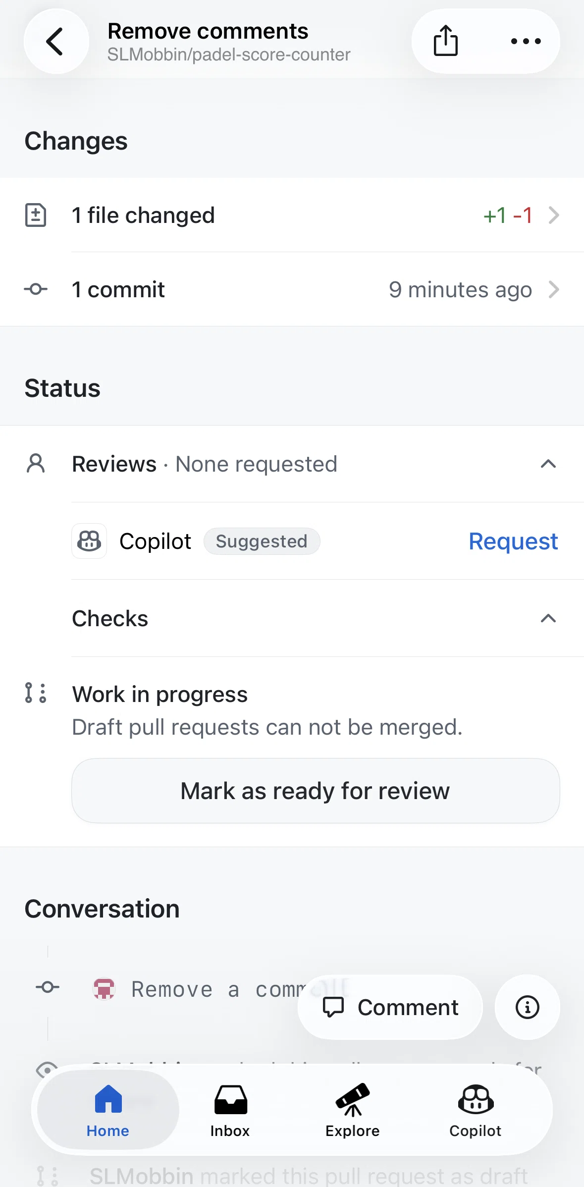Github Screen screen in the Marking as ready for review flow
