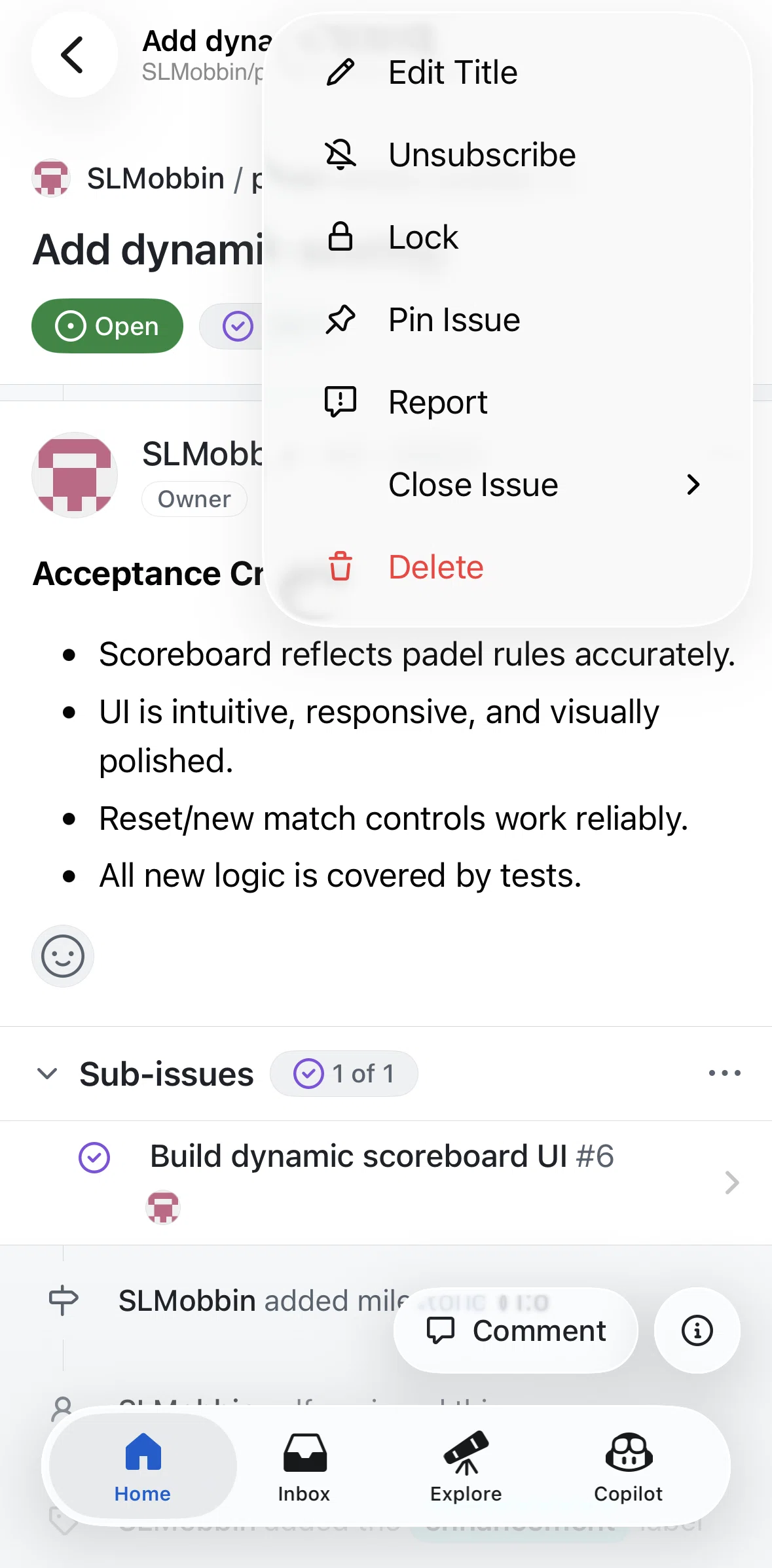 Github Screen screen in the Pinning an issue flow