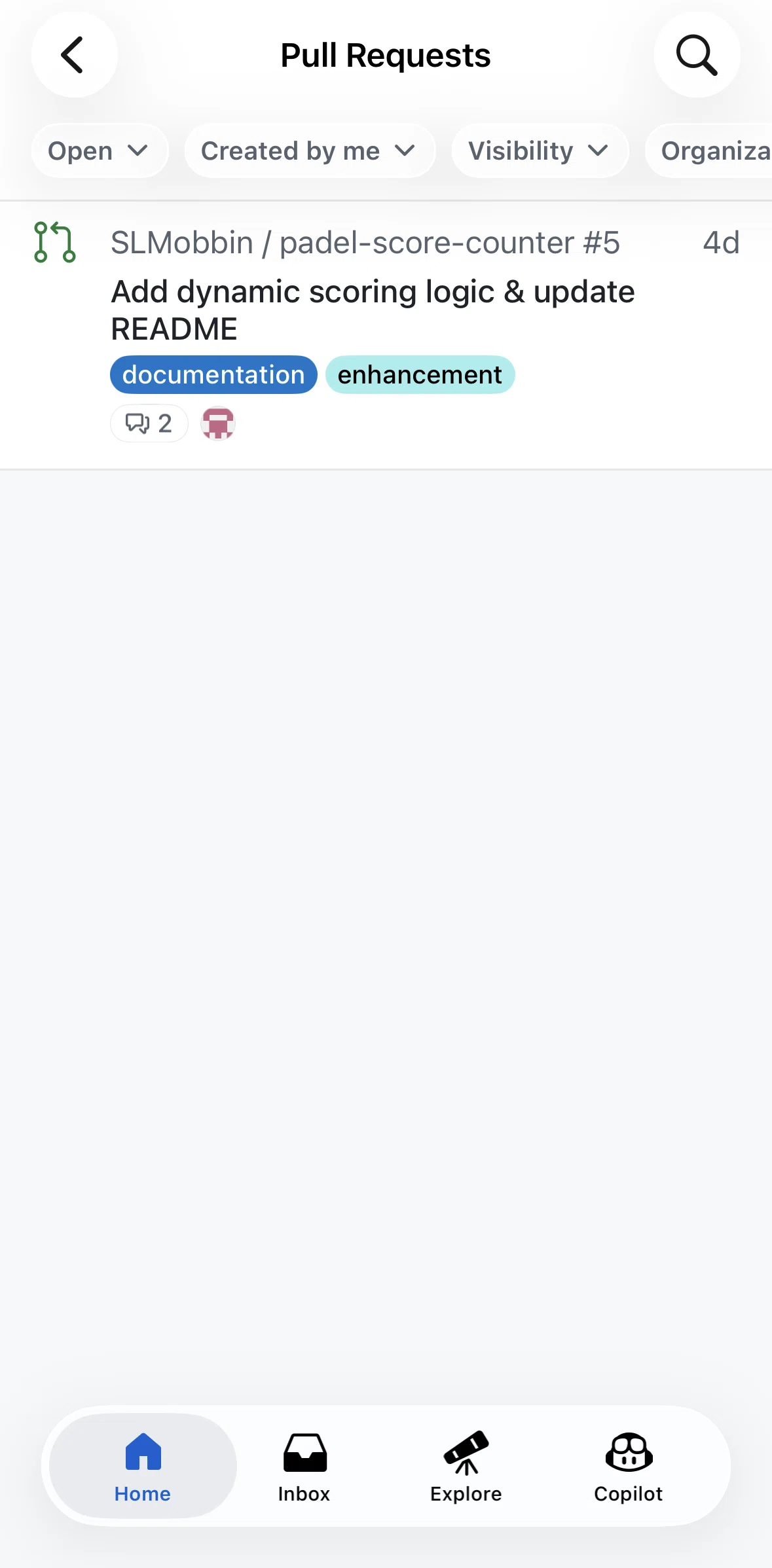 Github Screen screen in the Pull request detail flow