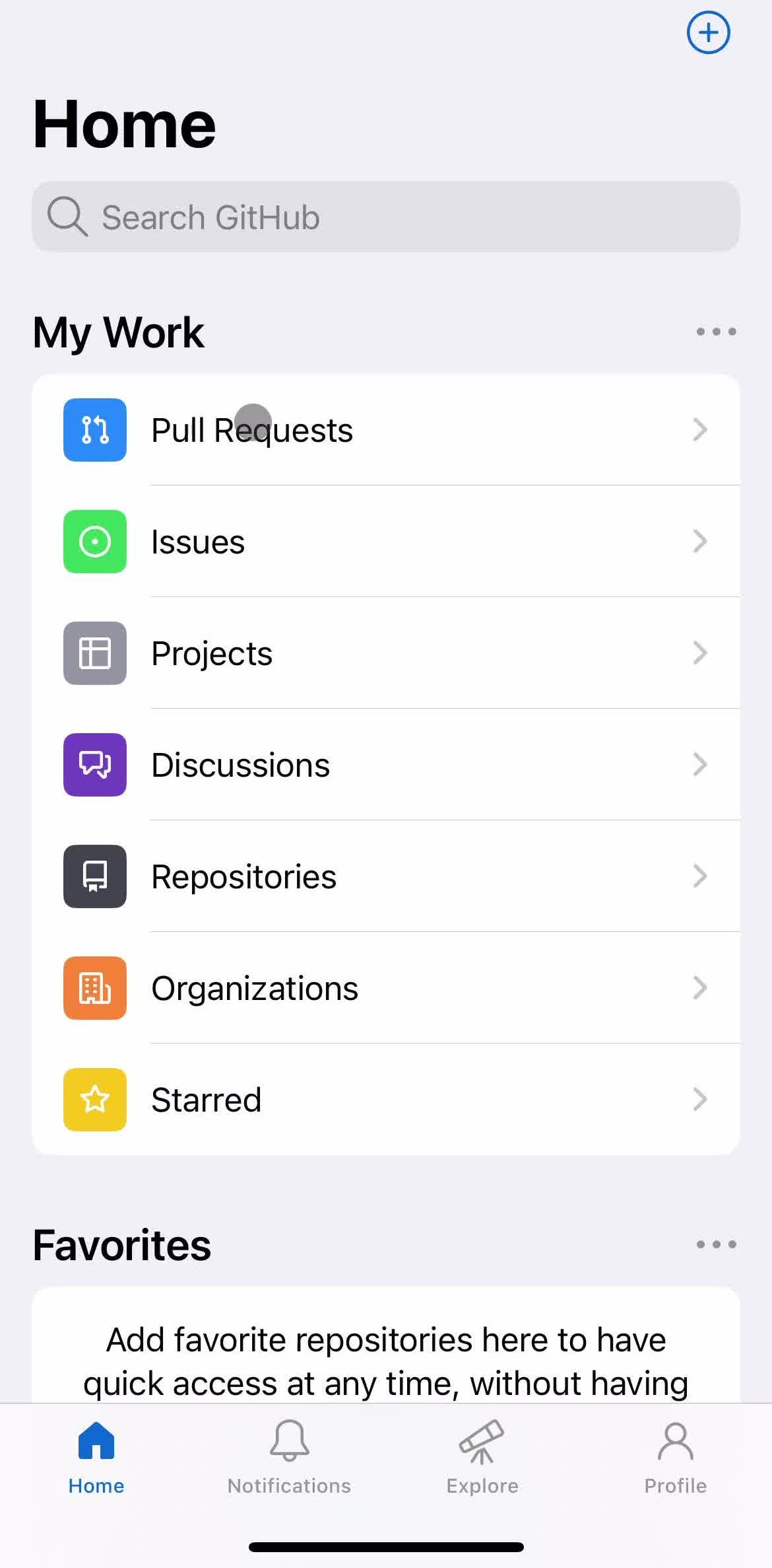 Github Home screen in the Pull Requests flow