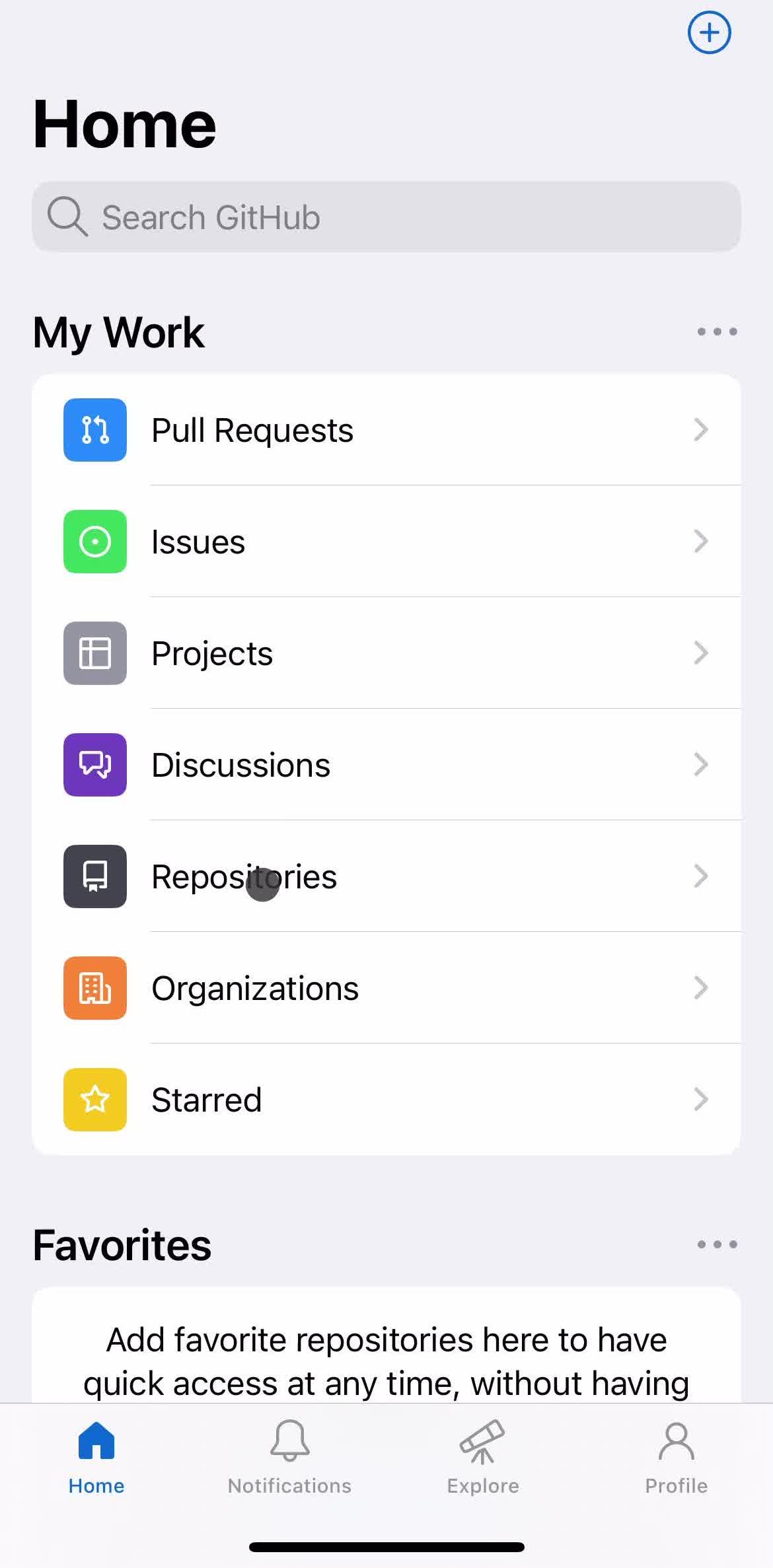 Github Home screen in the Reporting Repositories flow