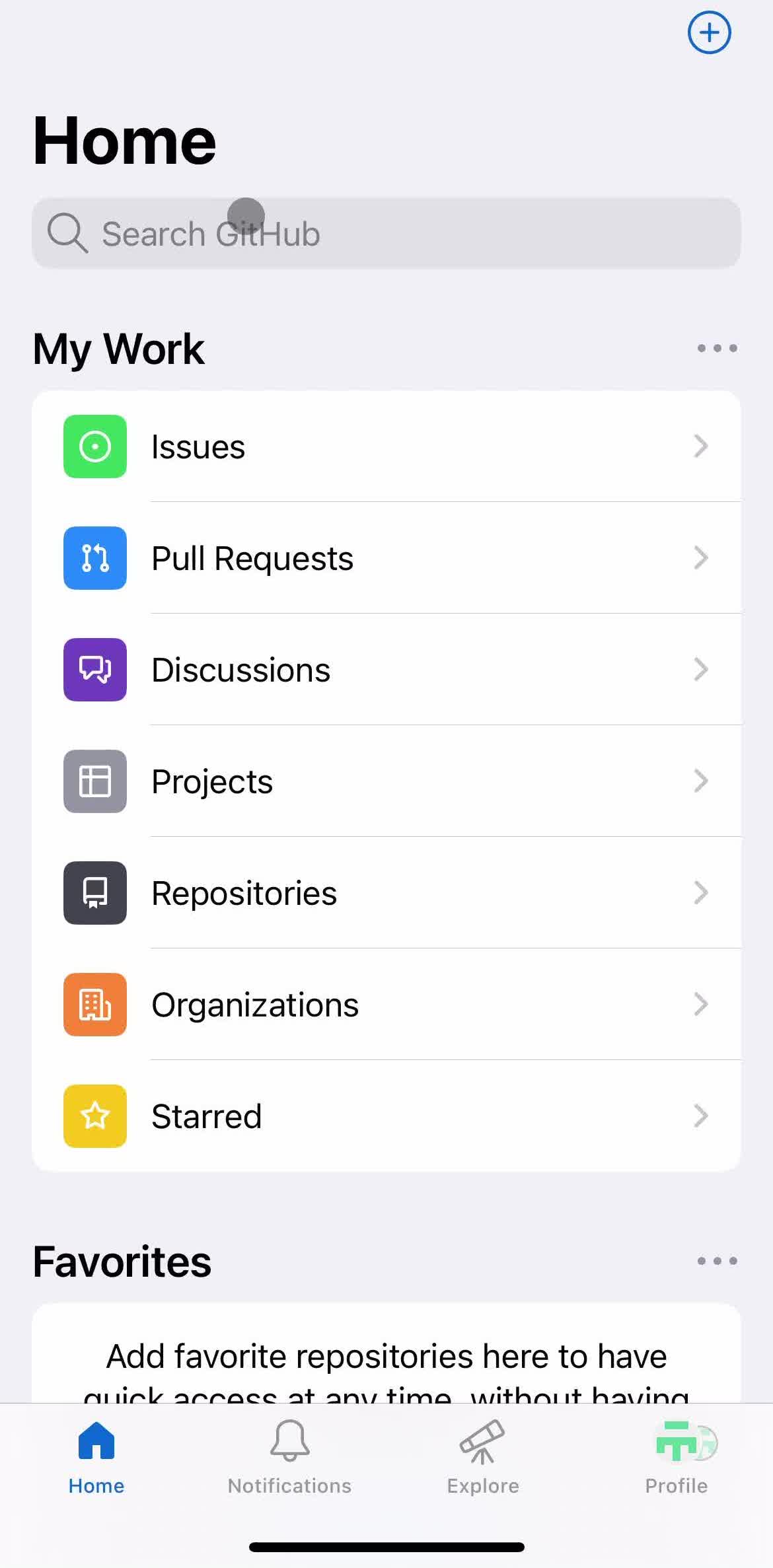 Github Home screen in the Searching flow