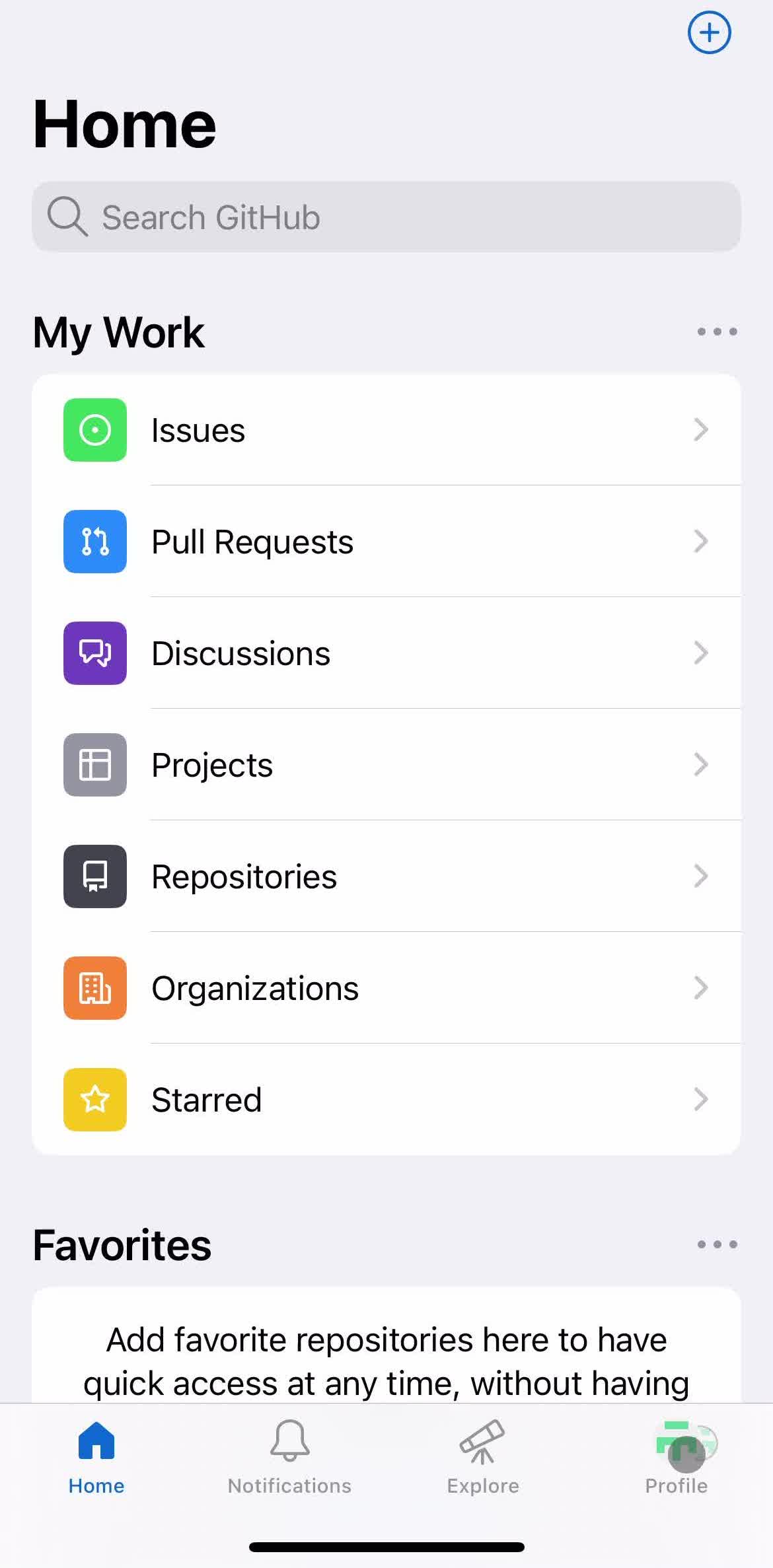 Github Home screen in the Settings flow