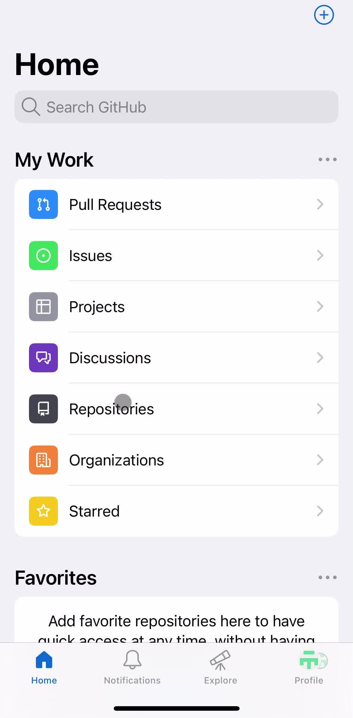 Github Home screen in the Sharing flow
