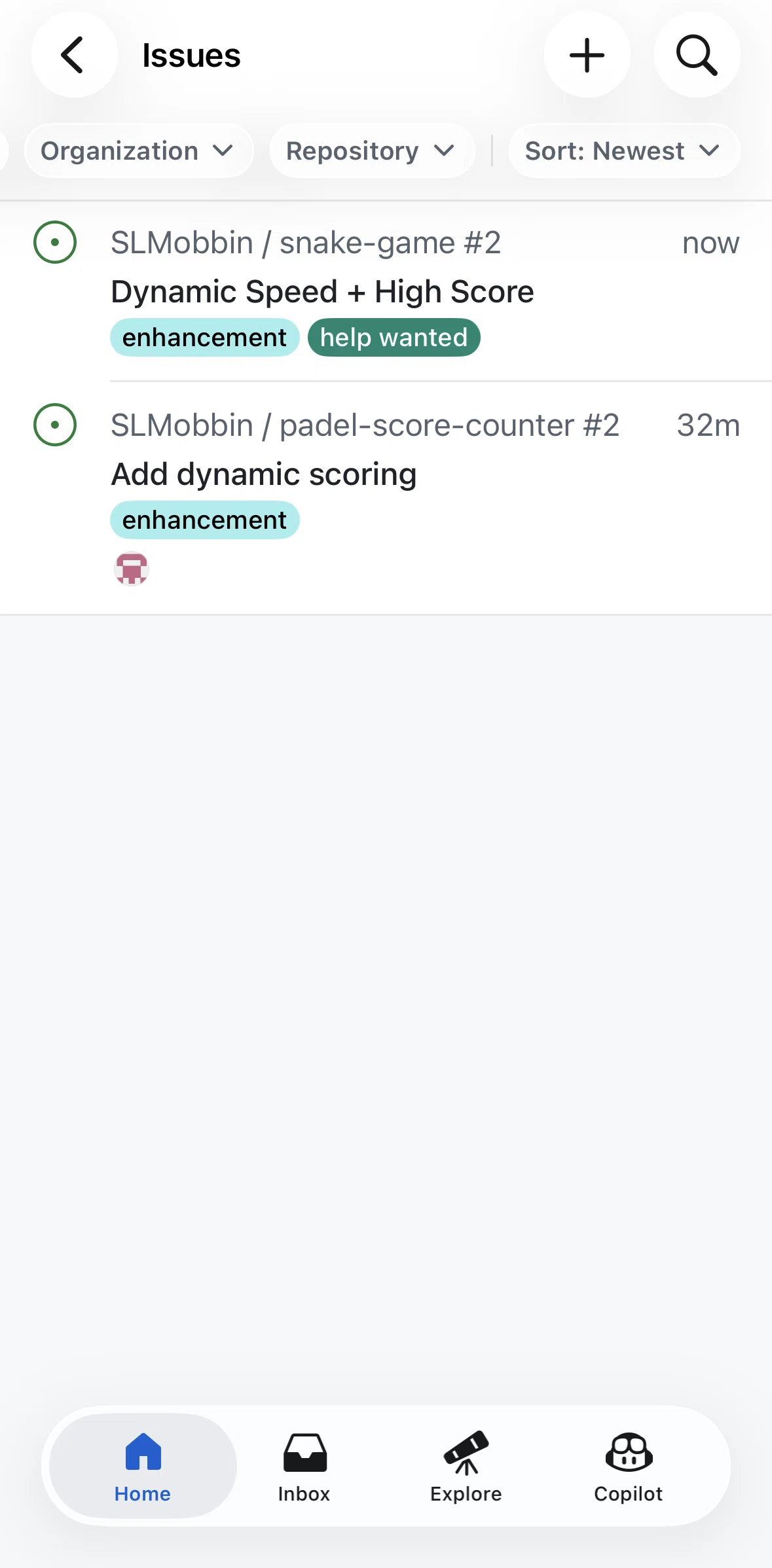 Github Screen screen in the Sorting issues flow