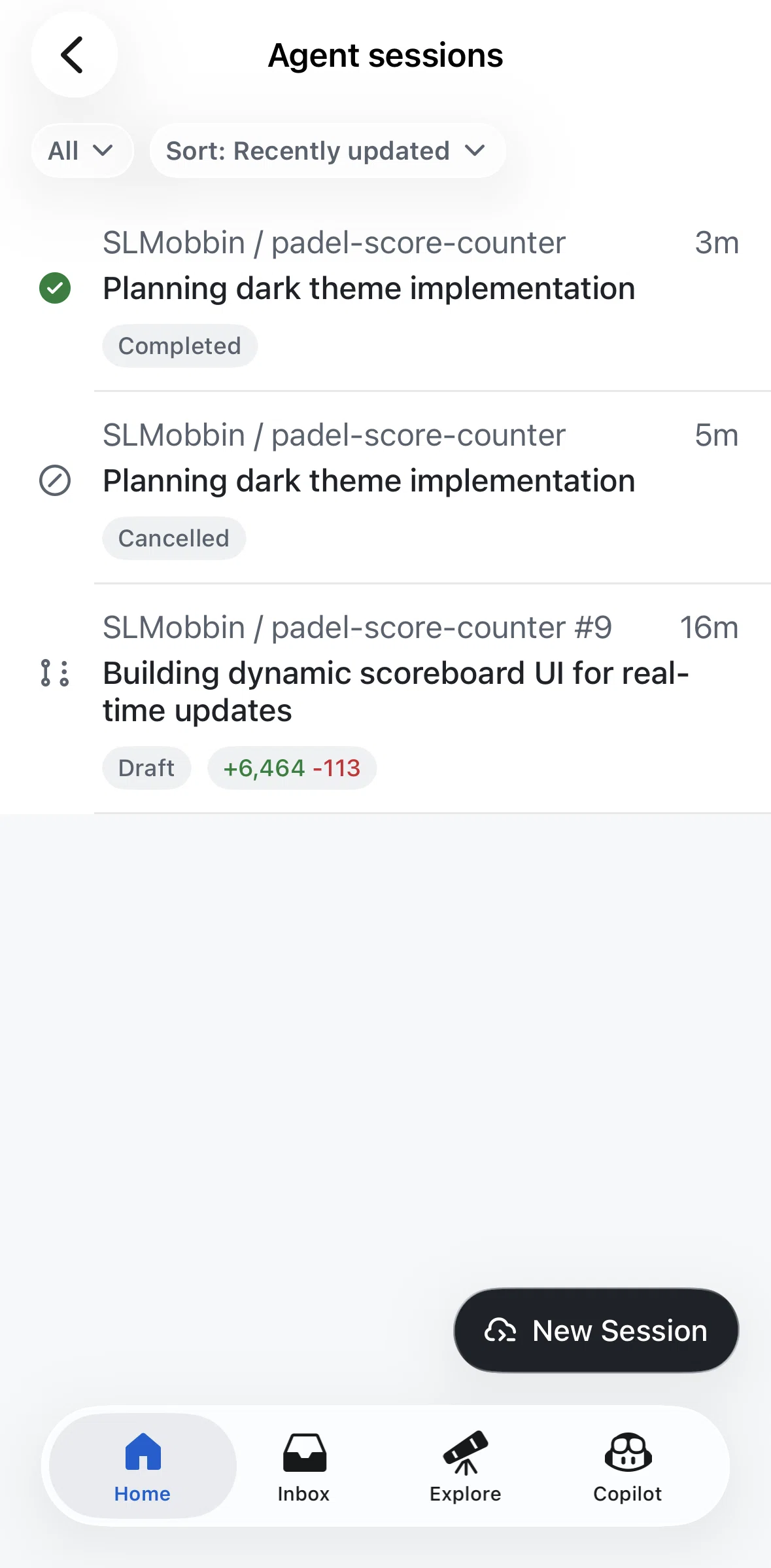 Github Screen screen in the Starting an agent session flow