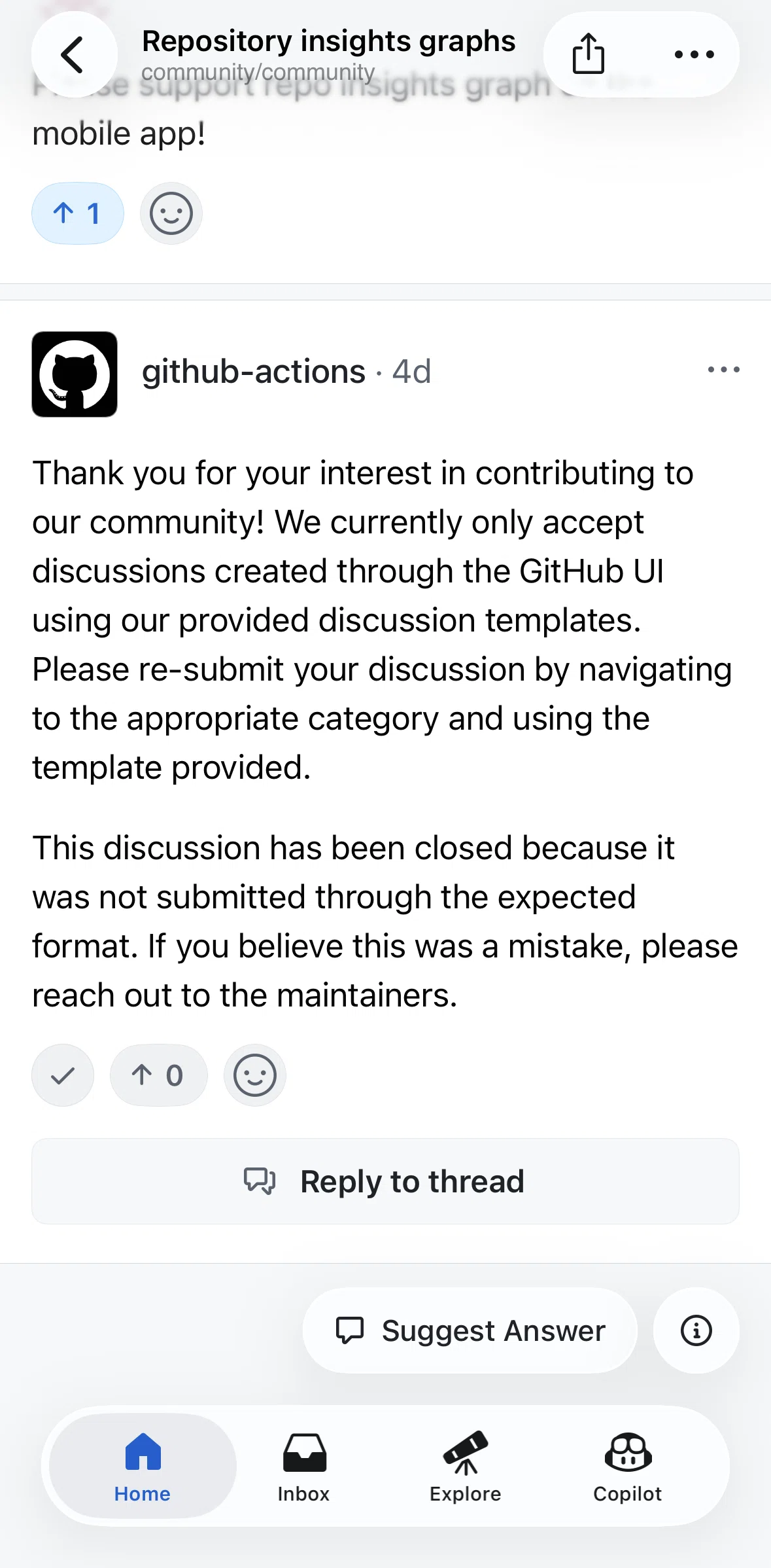 Github Screen screen in the Upvoting a comment flow