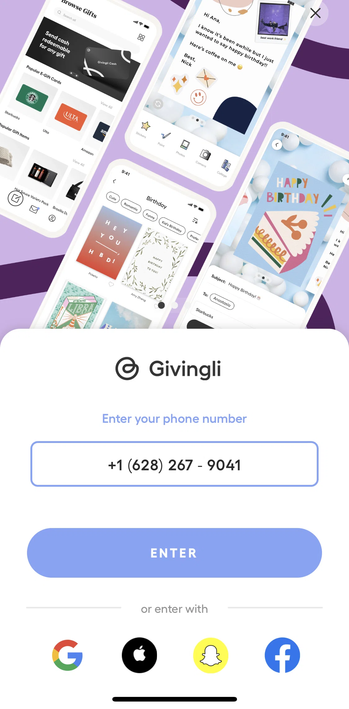 Givingli Screen screen in the Logging in flow