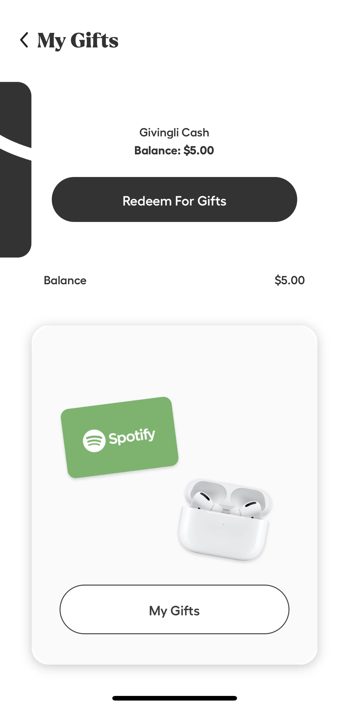Givingli Screen screen in the Redeeming a gift flow