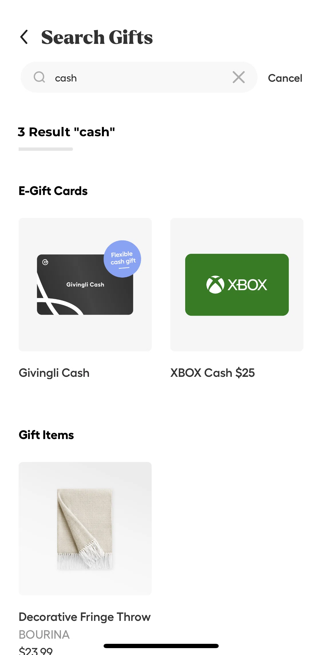 Givingli Screen screen in the Sending an e-gift card flow
