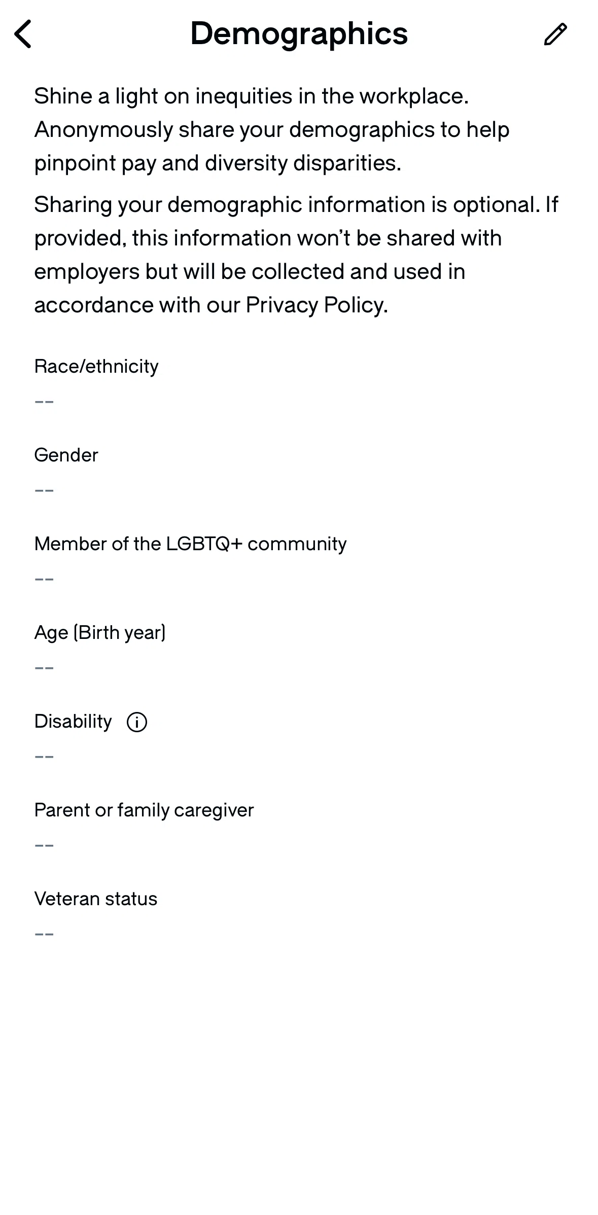 Glassdoor Screen screen in the Adding demographics flow
