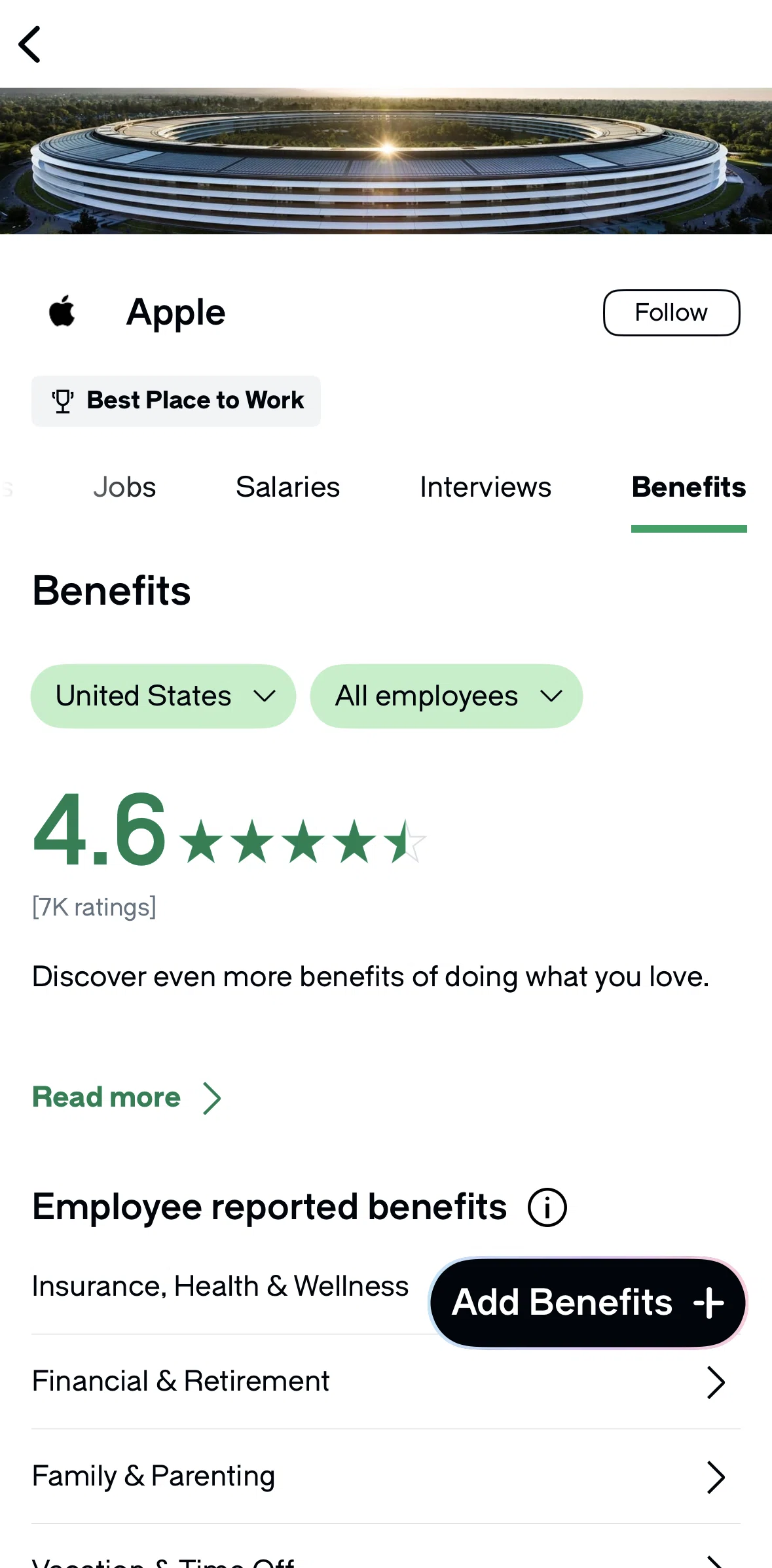 Glassdoor Screen screen in the Benefits flow