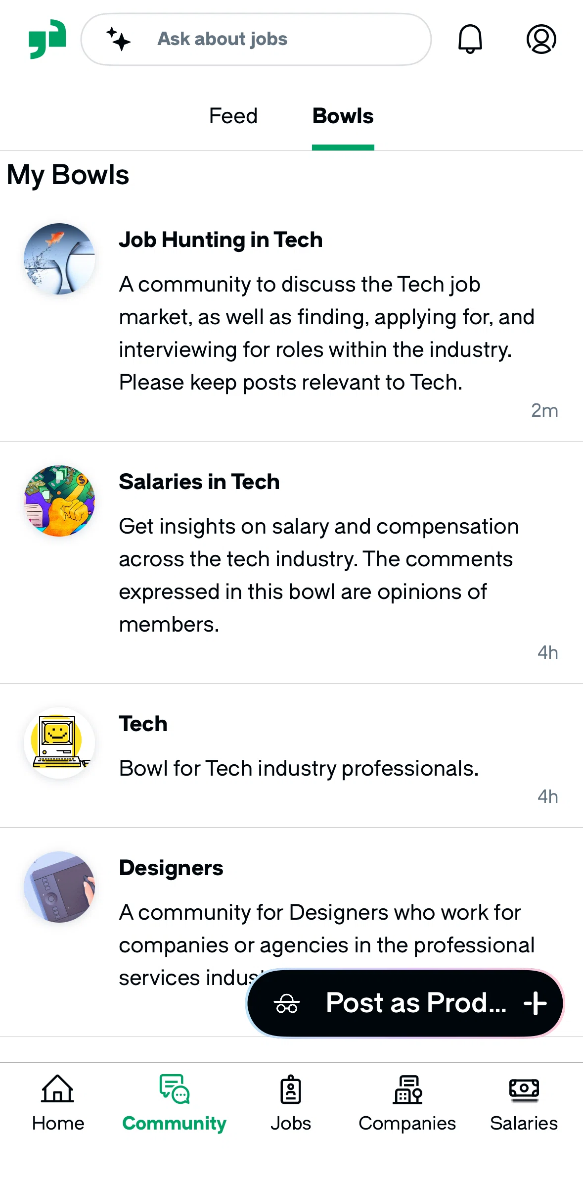 Glassdoor Screen screen in the Bowls flow