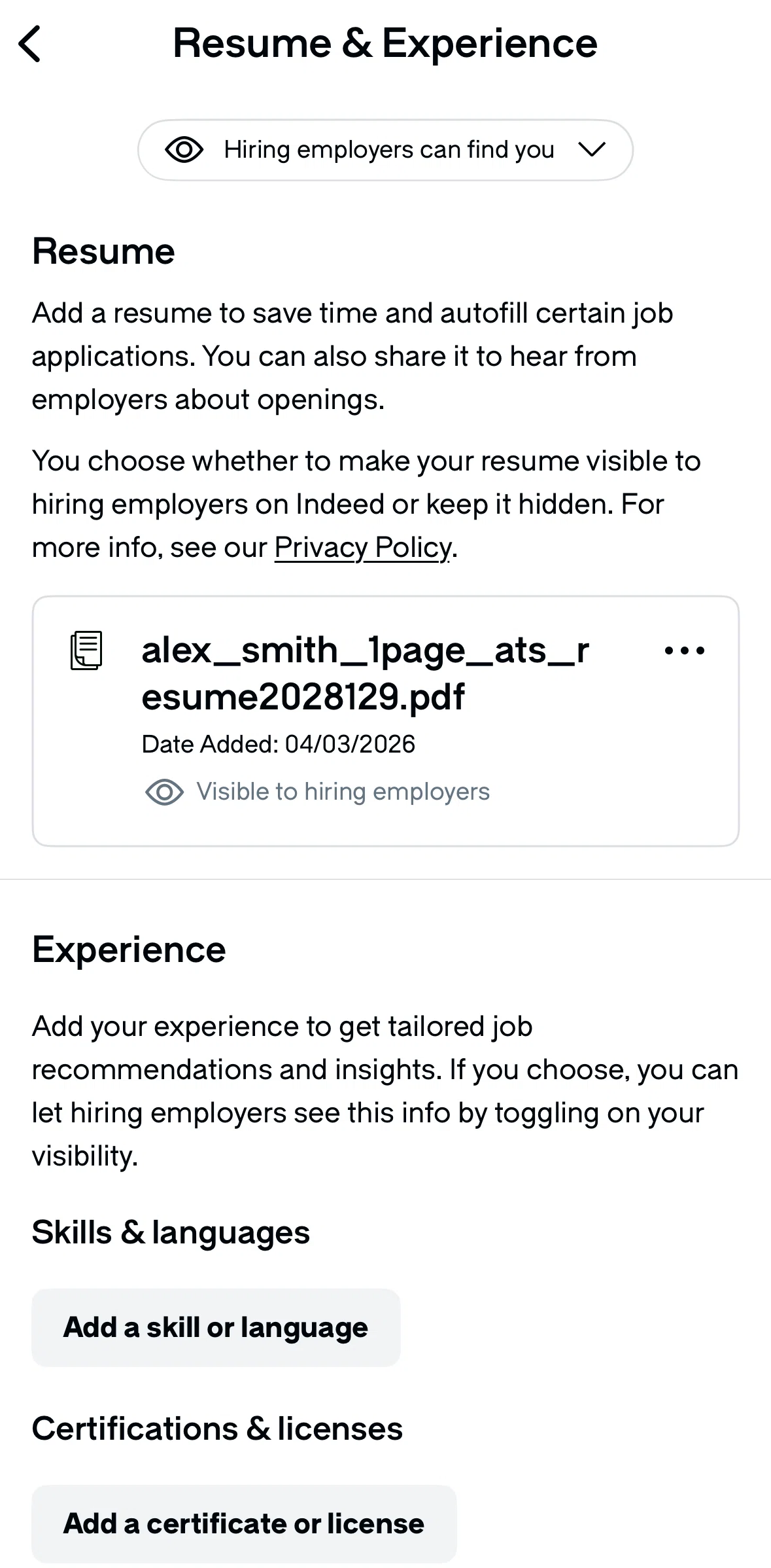 Glassdoor Screen screen in the Changing hiring visibility flow