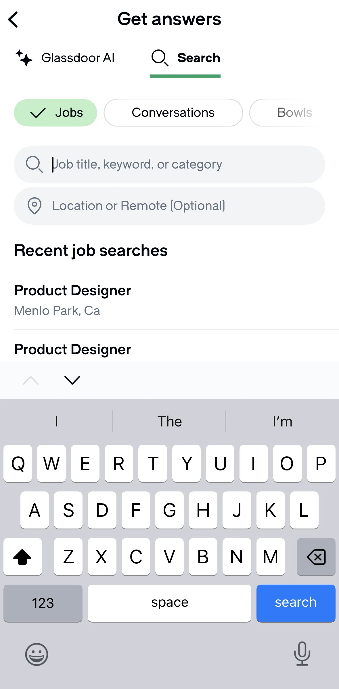 Glassdoor Screen screen in the Clearing recent searches flow