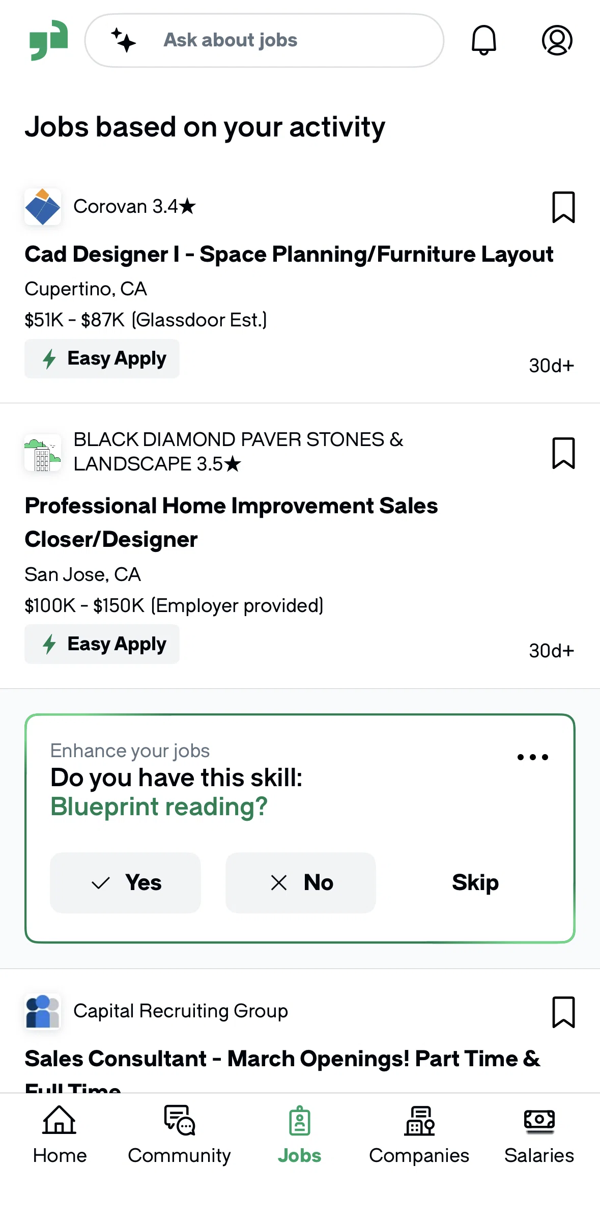 Glassdoor Screen screen in the Completing a skill survey flow
