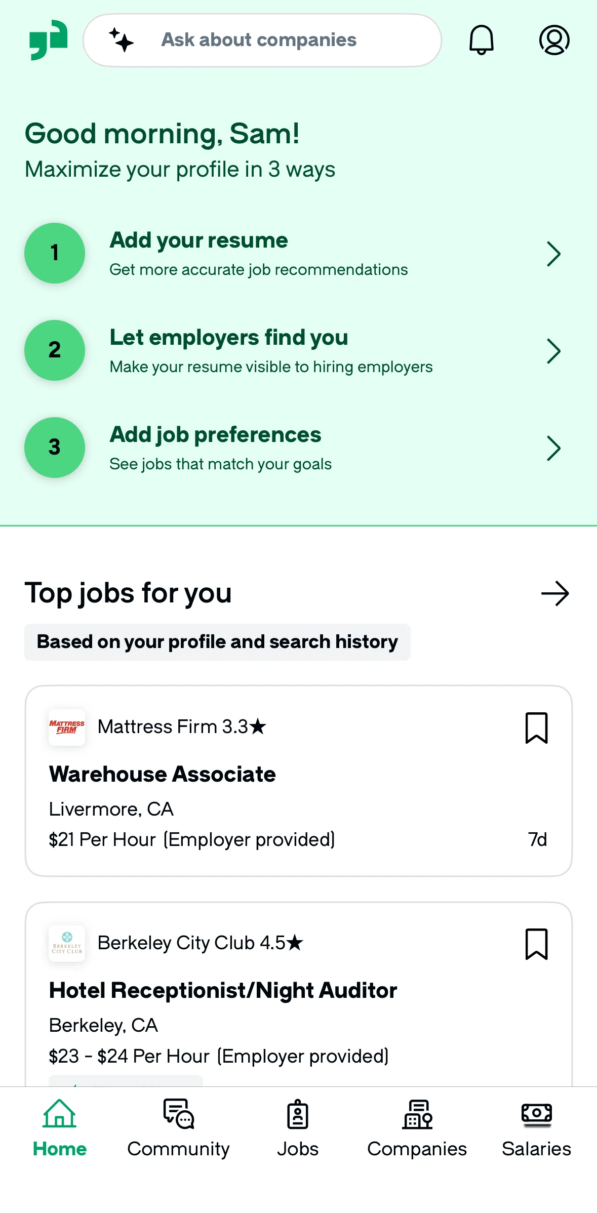 Glassdoor Screen screen in the Completing onboarding checklist flow
