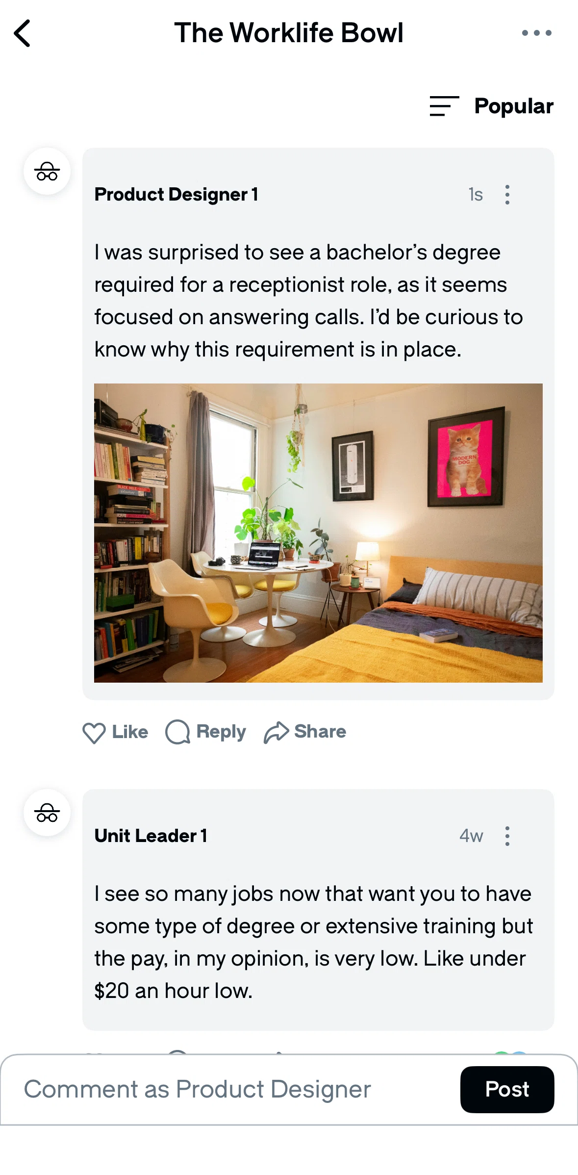 Glassdoor Screen screen in the Deleting a comment flow
