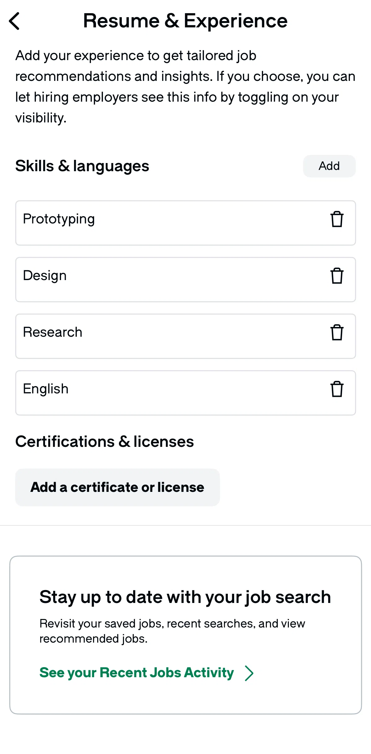 Glassdoor Screen screen in the Deleting a skill flow