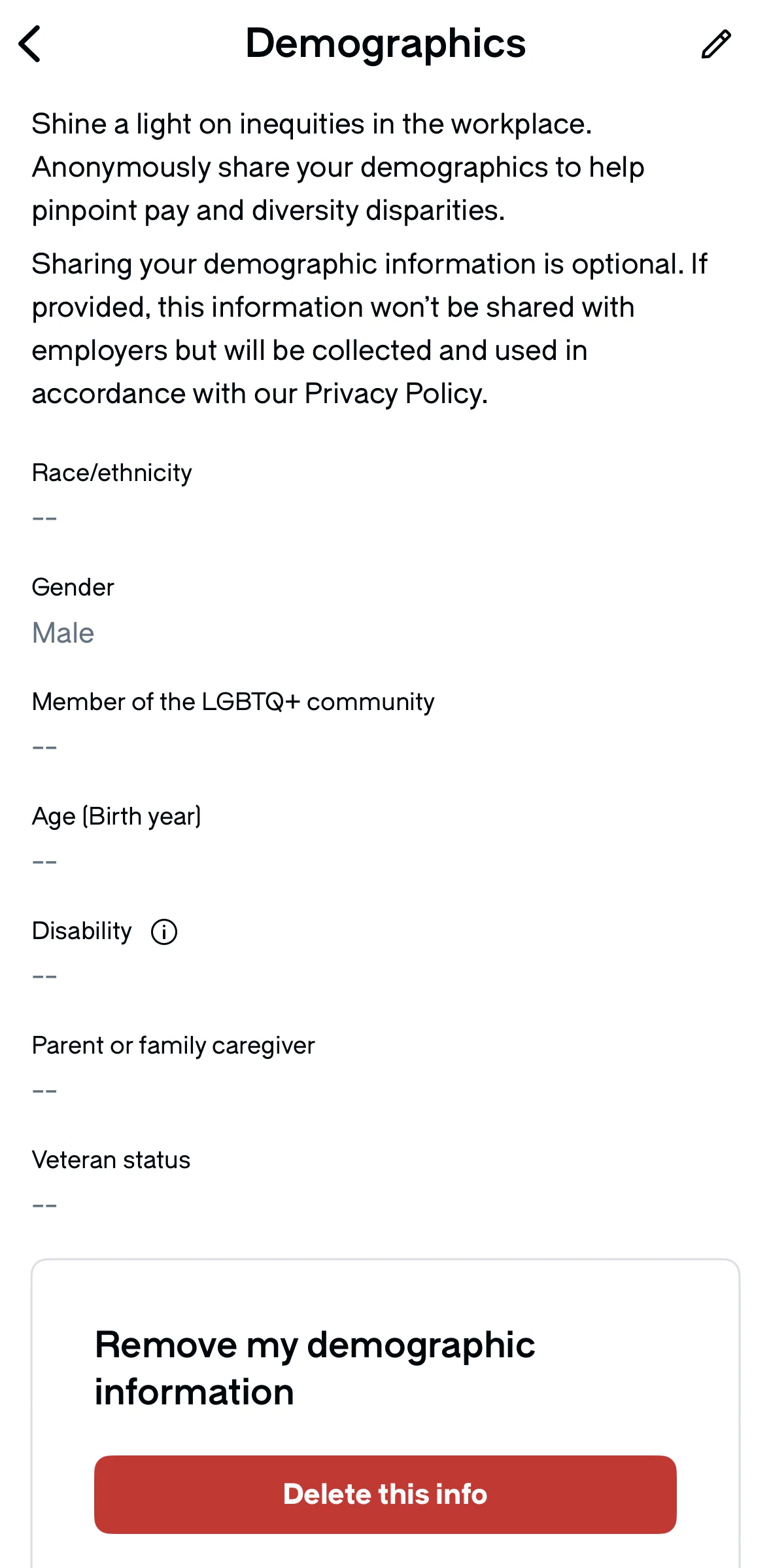 Glassdoor Screen screen in the Deleting demographic information flow