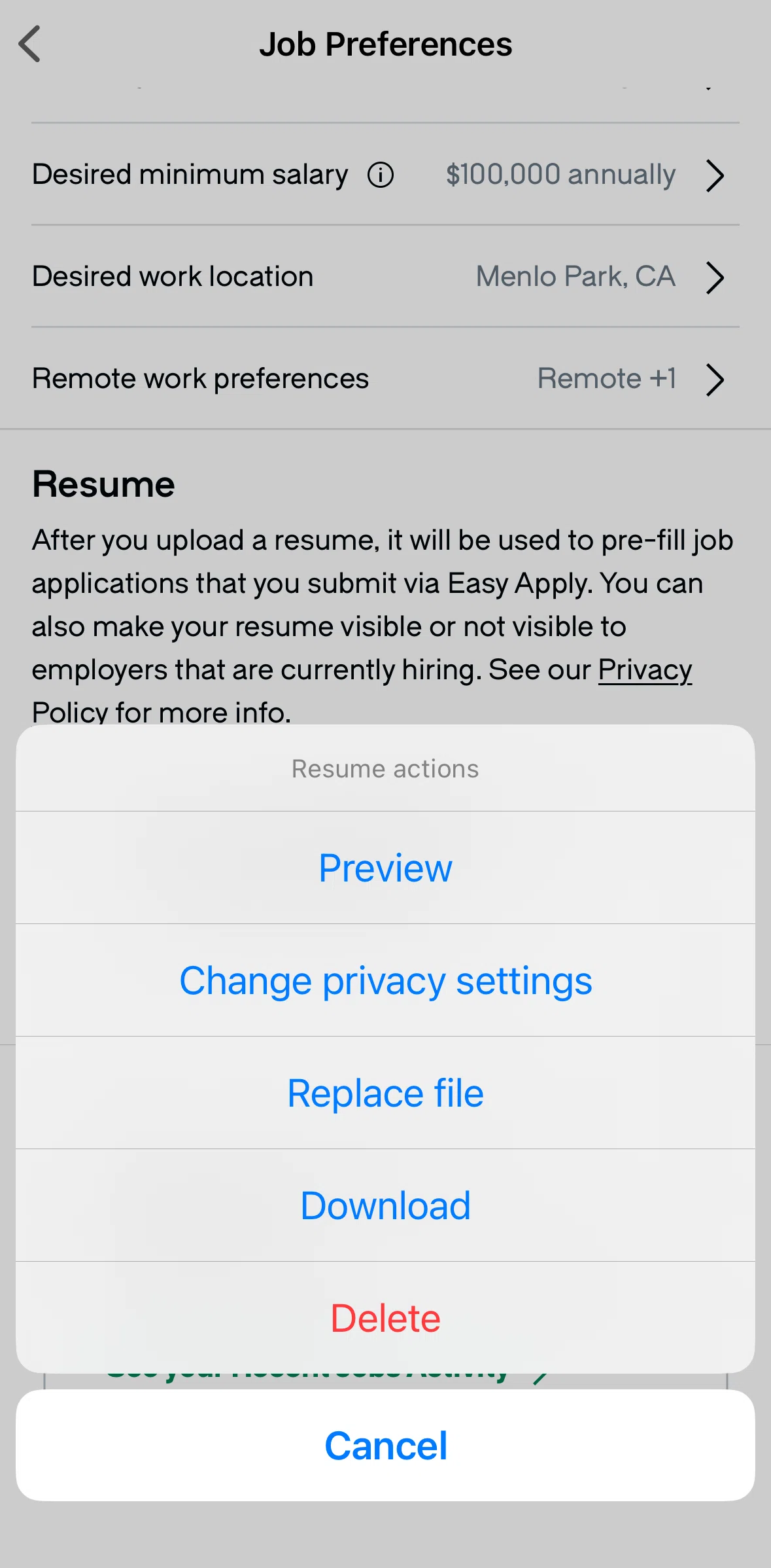 Glassdoor Screen screen in the Downloading a resume flow