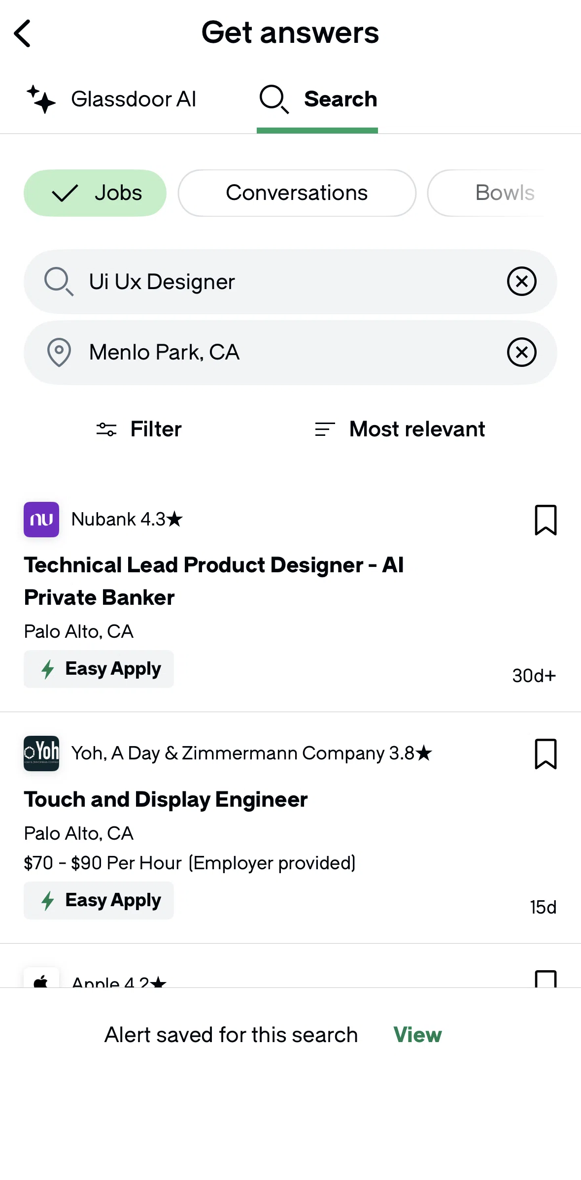Glassdoor Screen screen in the Editing a job alert flow
