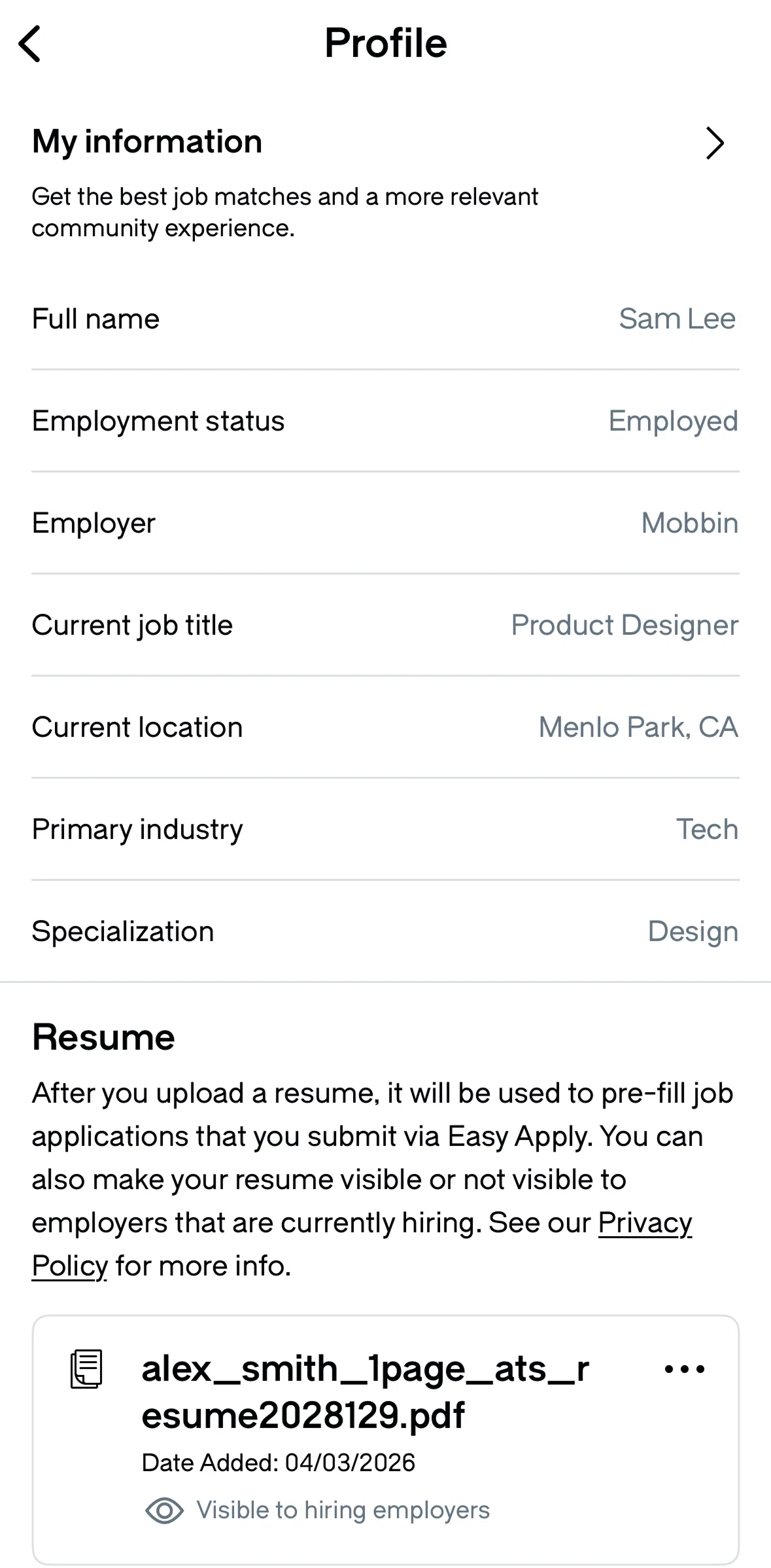 Glassdoor Screen screen in the Editing profile flow