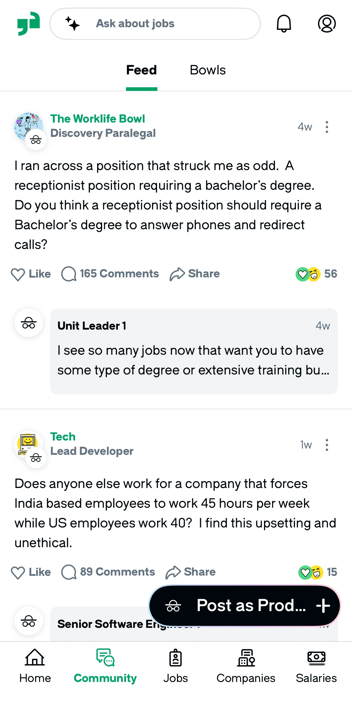 Glassdoor Screen screen in the Feed flow